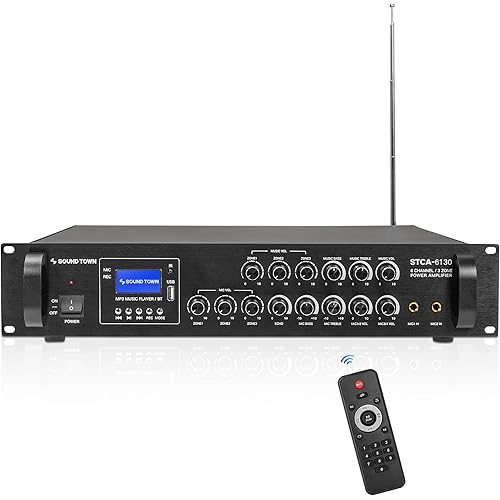Sound Town 3-Zone 6-Ch x 130W Low-Impedance Class-AB Commercial Power Amplifier with Bluetooth for Restaurants, Bars, Pubs, Schools, Warehouses (STCA-6130)