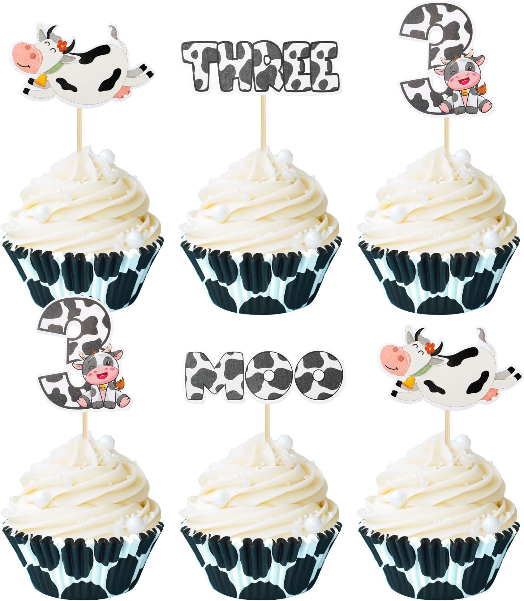 36 Pack Cow Three Cupcake Toppers Farm Animals Cow 3rd Birthday Cupcake Picks for Cow Theme Baby Shower Third Birthday Party Cake Decorations Supplies