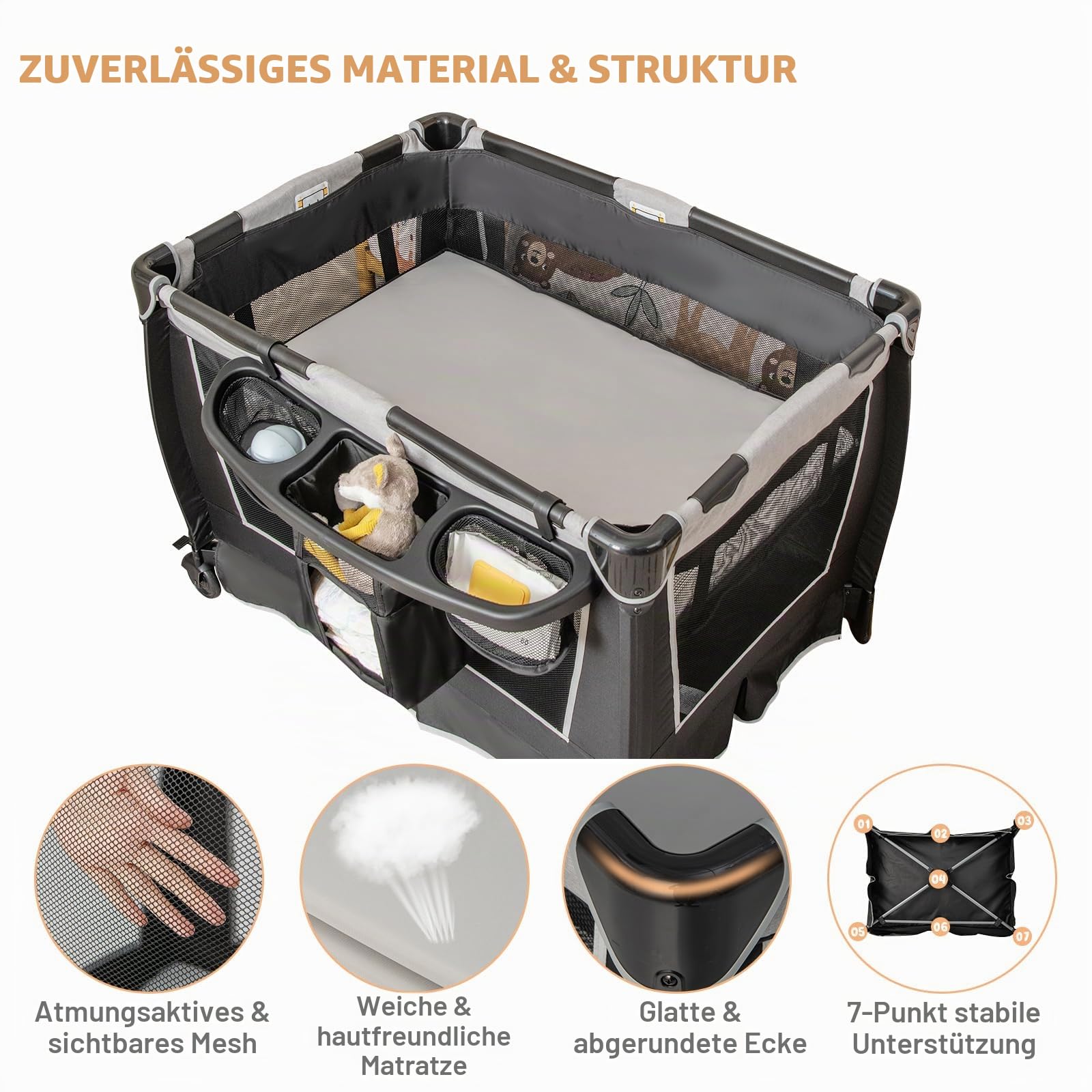 LIFEZEAL Babybett Faltbar mit Windelhalter & Tragetasche, 4 in 1 Abnehmbares Reisebett mit Matratze & Wickelauflage, Kinderreisebett mit Spieluhr & Puppe, Babywiege für 0-36 Monate (Grau)