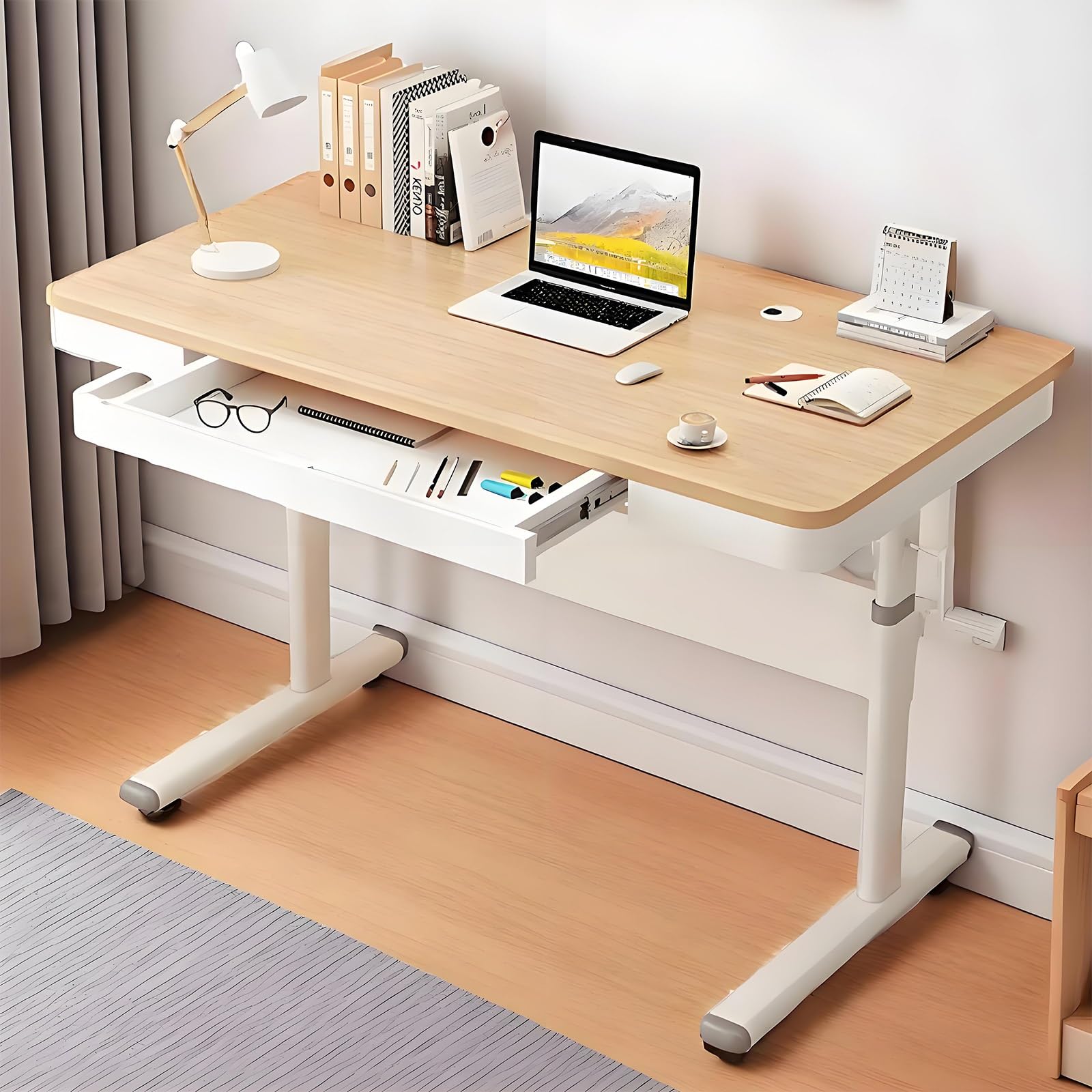 CGCSYZ Adjustable Height Desk with Drawer, Solid Wood Study Table, Crank Elevating Office Desk, Home Office Furniture, Ergonomic Workspace Solution (Natural 80x60cm)