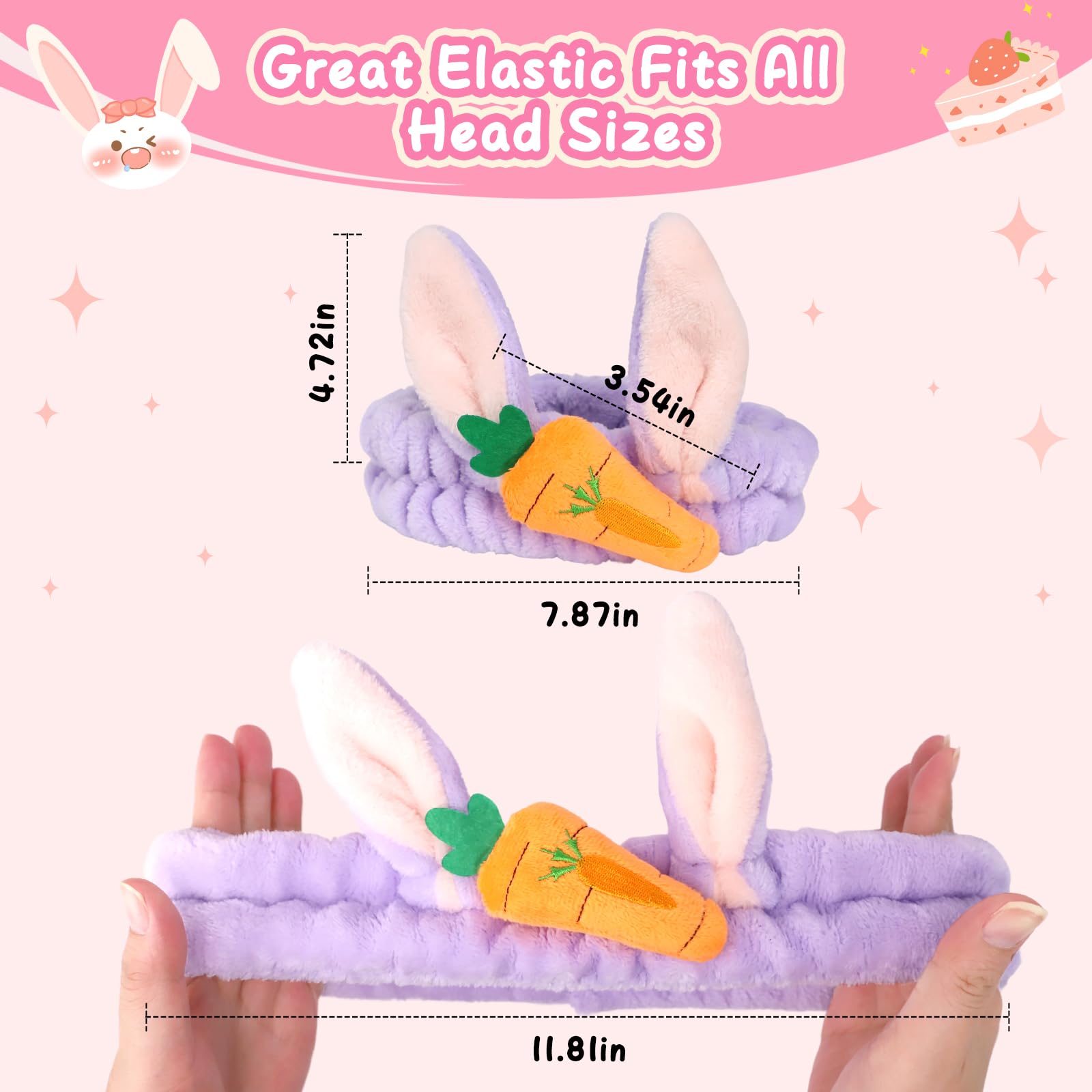 Skincare Headband Set,Rabbit Carrot Makeup Headband with Dual Use Face Mask Brush,Elastic Warm Flannel Spa Headband for Washing Face Yoga Beauty(Blue,White,Purple,3Pcs) - Image 2