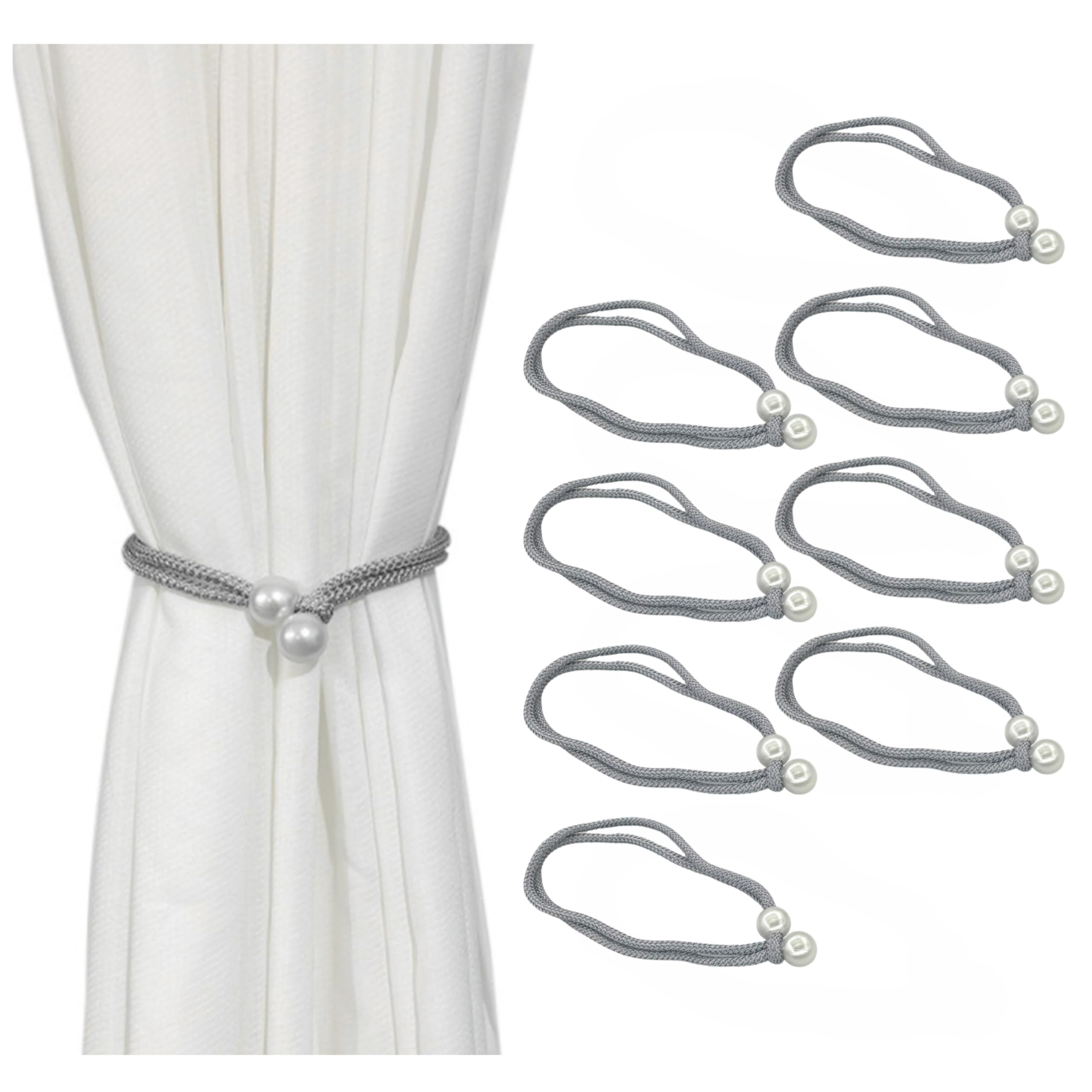 PLUSHCEWT Adjustable Curtain Tie Backs 4 Pairs, Polyester Curtain Holdbacks with Plastic Pearl Pendant & Decorative Knot, No Drill Window Curtain-Ties for Living Room Bedroom (Grey 4)