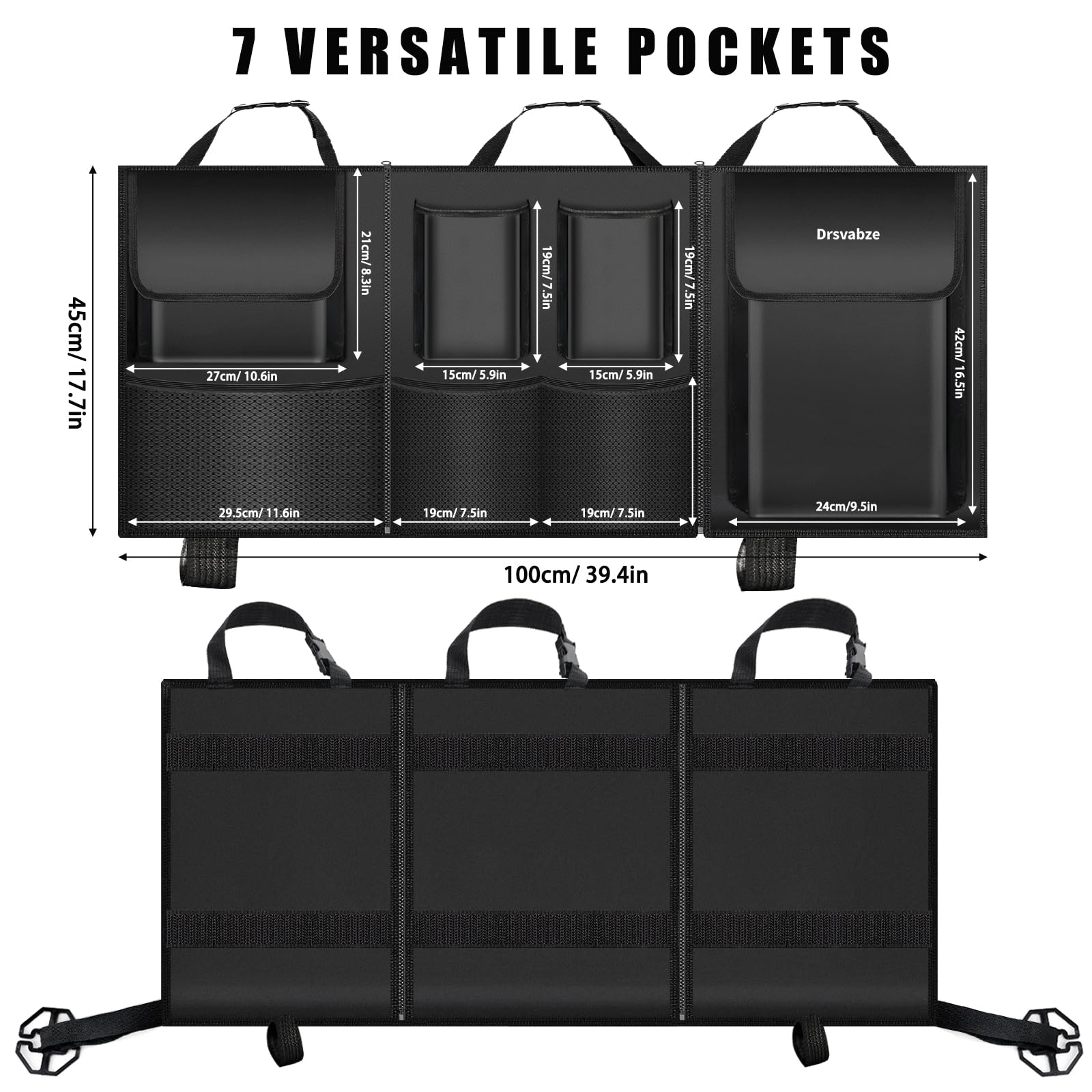 Organizer do bagażnika SUV – 3-częściowy design z zamkiem błyskawicznym, 7 kieszeni, ulepszona skóra TP i tkanina Oxford 600D, wodoodporny i odporny na zarysowania, idealny do SUV-a, pickupa