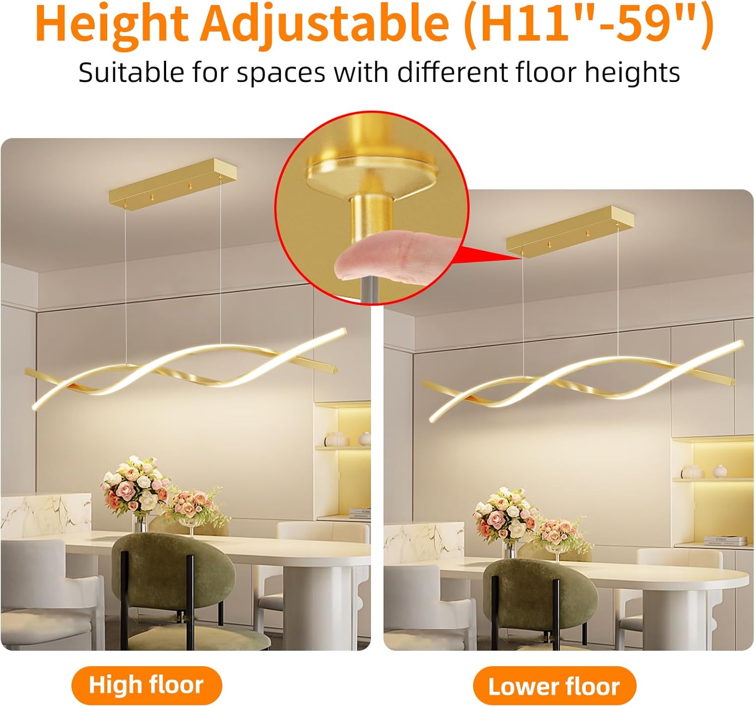 Modern Gold Ceiling Pendant Light, 57IN Chandelier with Remote Control 3000k-6500K Adjustable Color Temperature,Aluminum Island Lighting Lamp for Dining Room, Living Room, Island