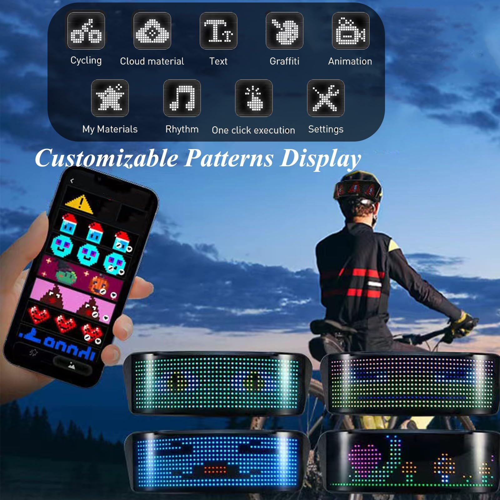 Faro da bicicletta intelligente ricaricabile tramite USB con display a LED per casco da bicicletta, fanale posteriore con indicatori di direzione, tachimetro, controllo Bluetooth, luce posteriore