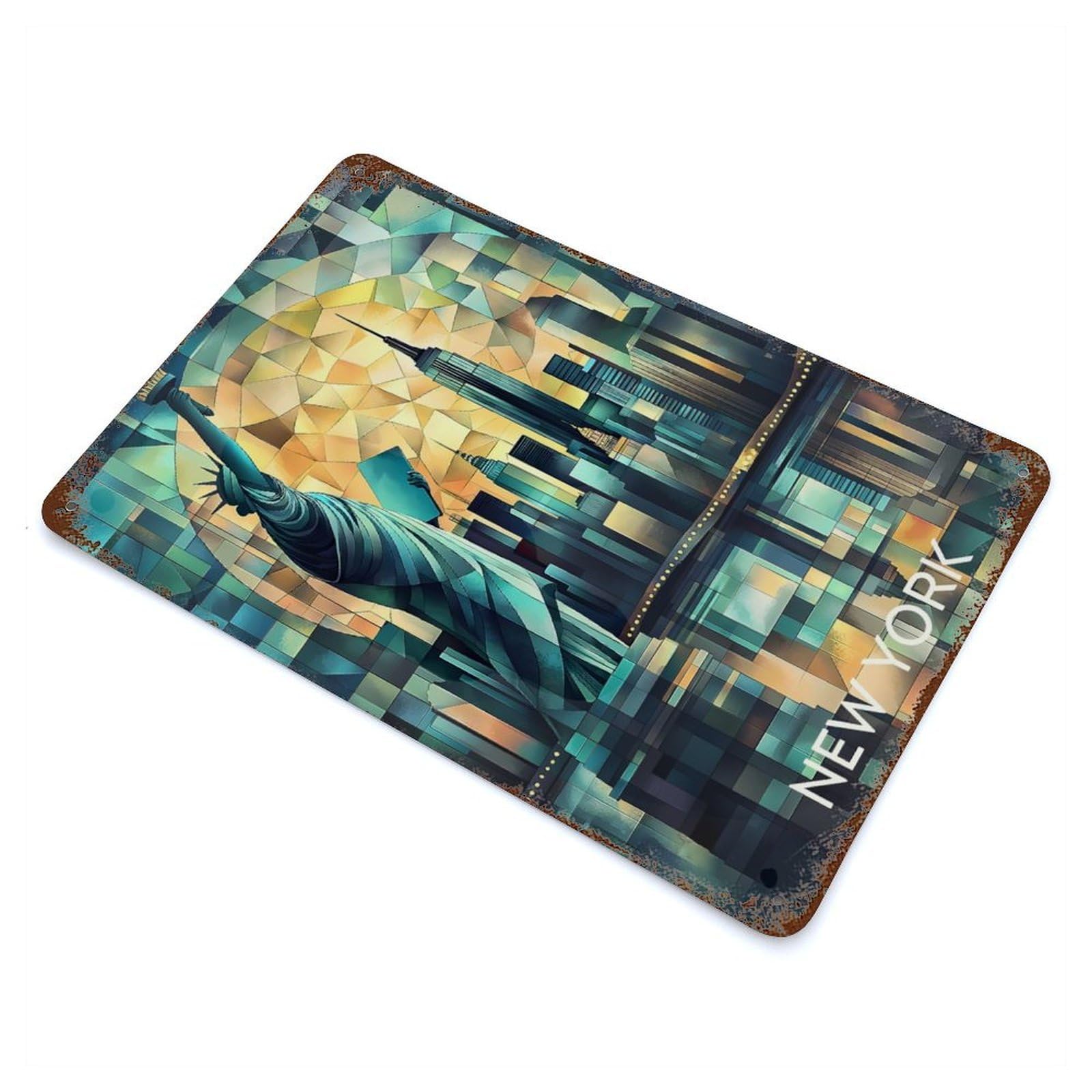 Cubist New York Skyline with Statue of Liberty Decorative Tin Sign 11.8"x7.9", Farmhouse Wall Decor for Living Room, Hallway And Home Decor