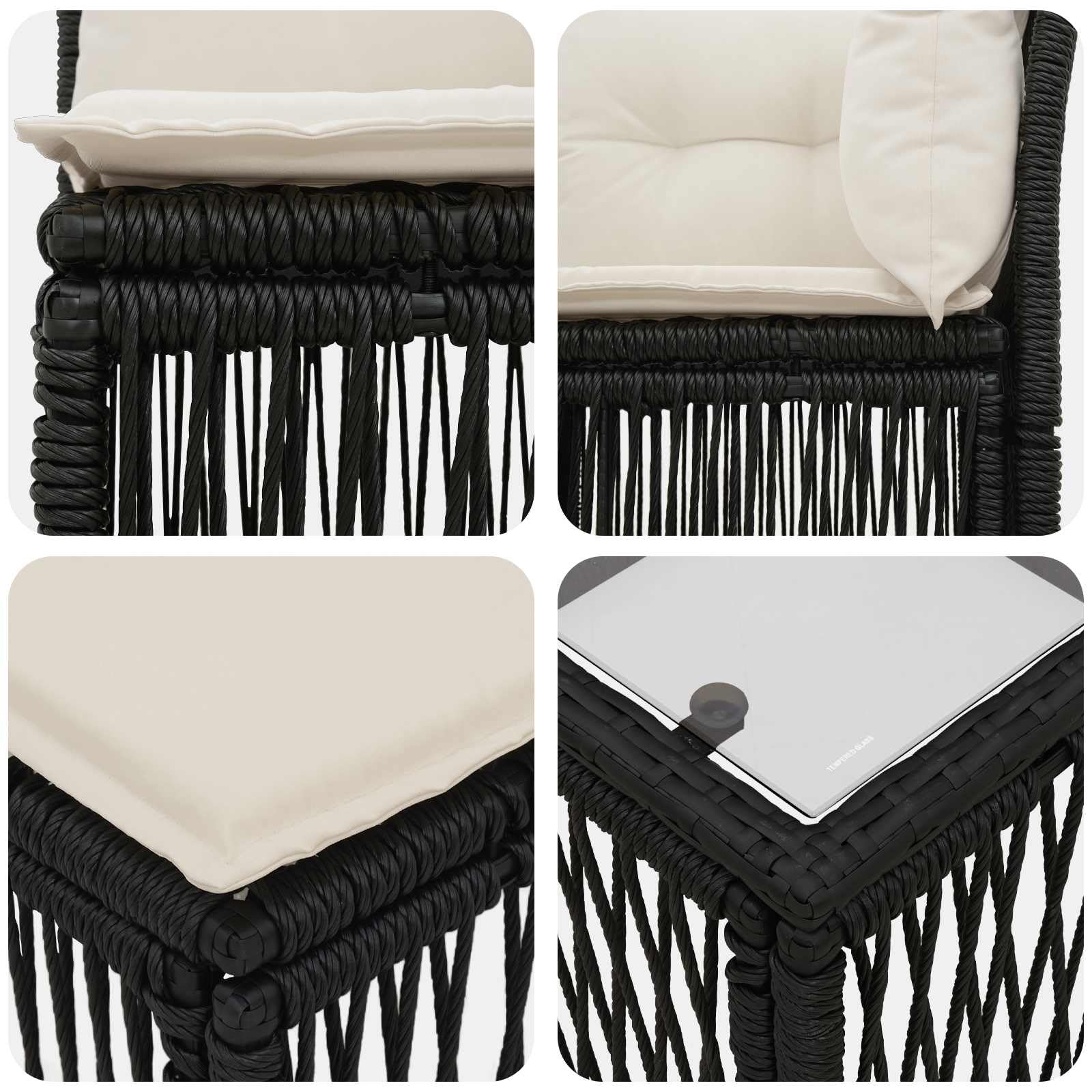 Set di 6 divani da giardino in polyrattan, colore nero | Gruppo lounge modulare con telaio in acciaio per terrazza e giardino con comodi cuscini.