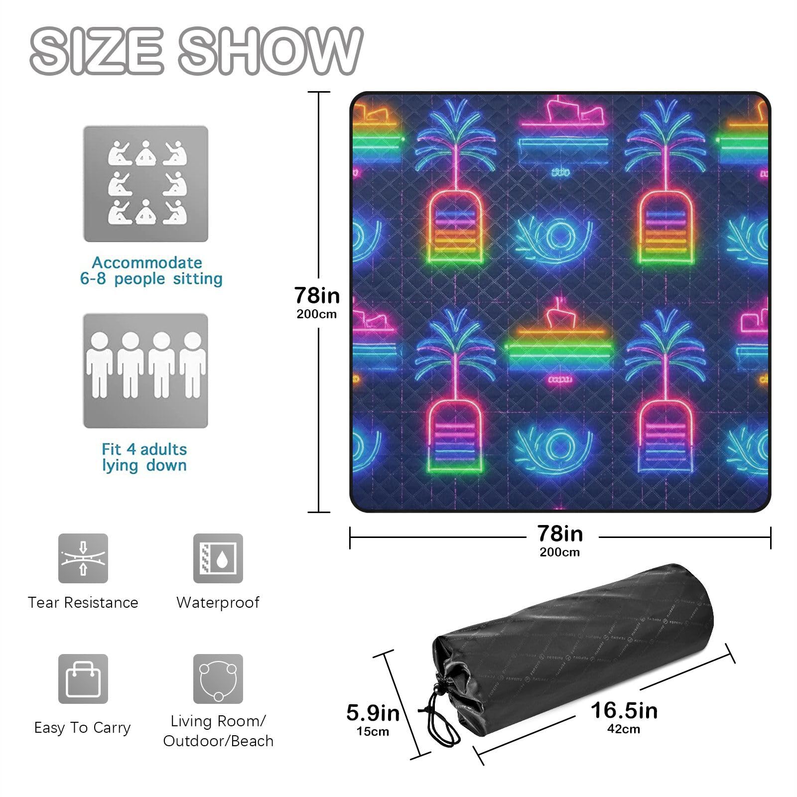 Manta de picnic impermeable de verano con diseño de barco de neón y cocotero, resistente al agua, manta de playa grande para picnic en el suelo