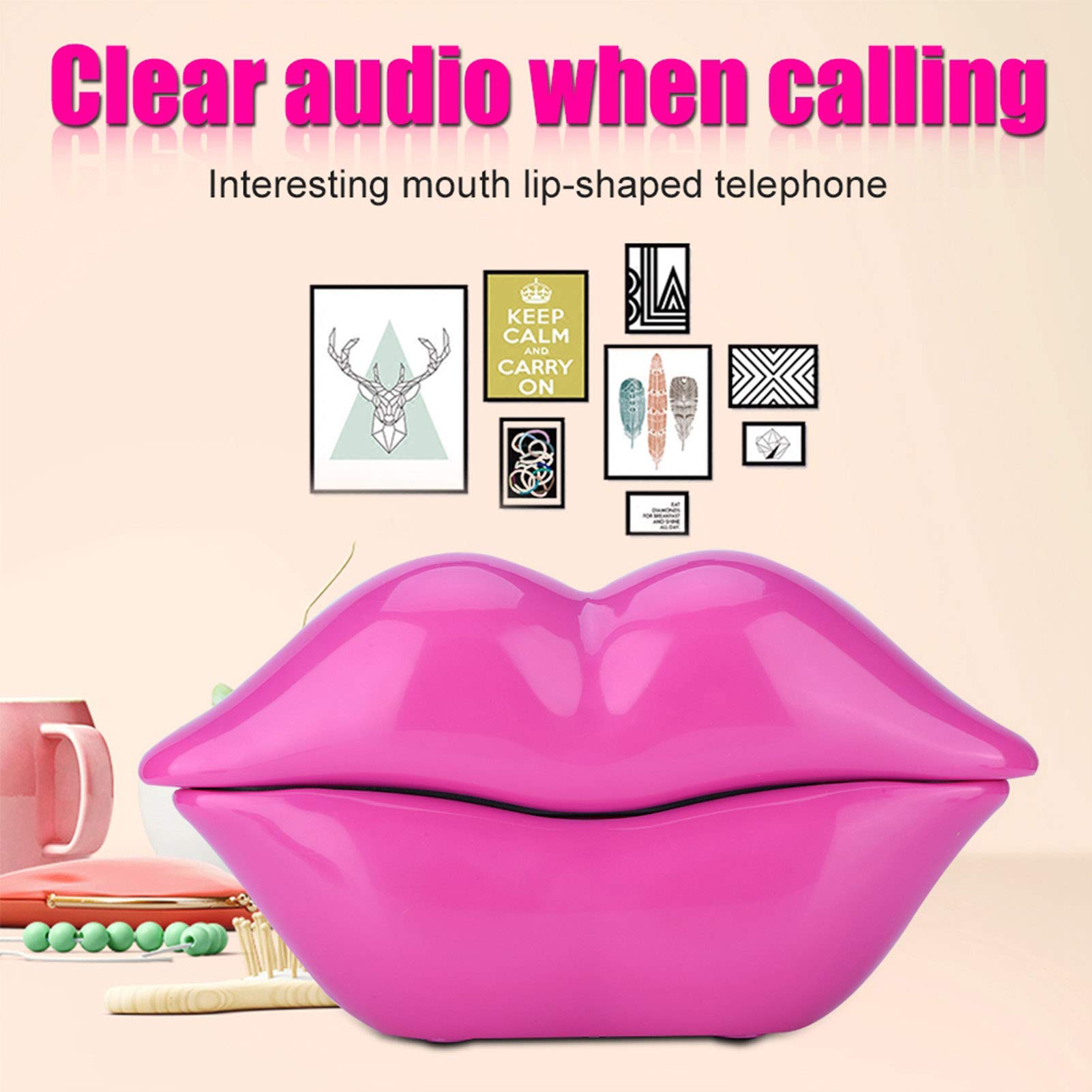 Funny Lip Telephone, with Number Storage Function, Rose Red Landline Telephone Home Desktop Corded Fixed Telephone for Home Office Phones Home Decoration