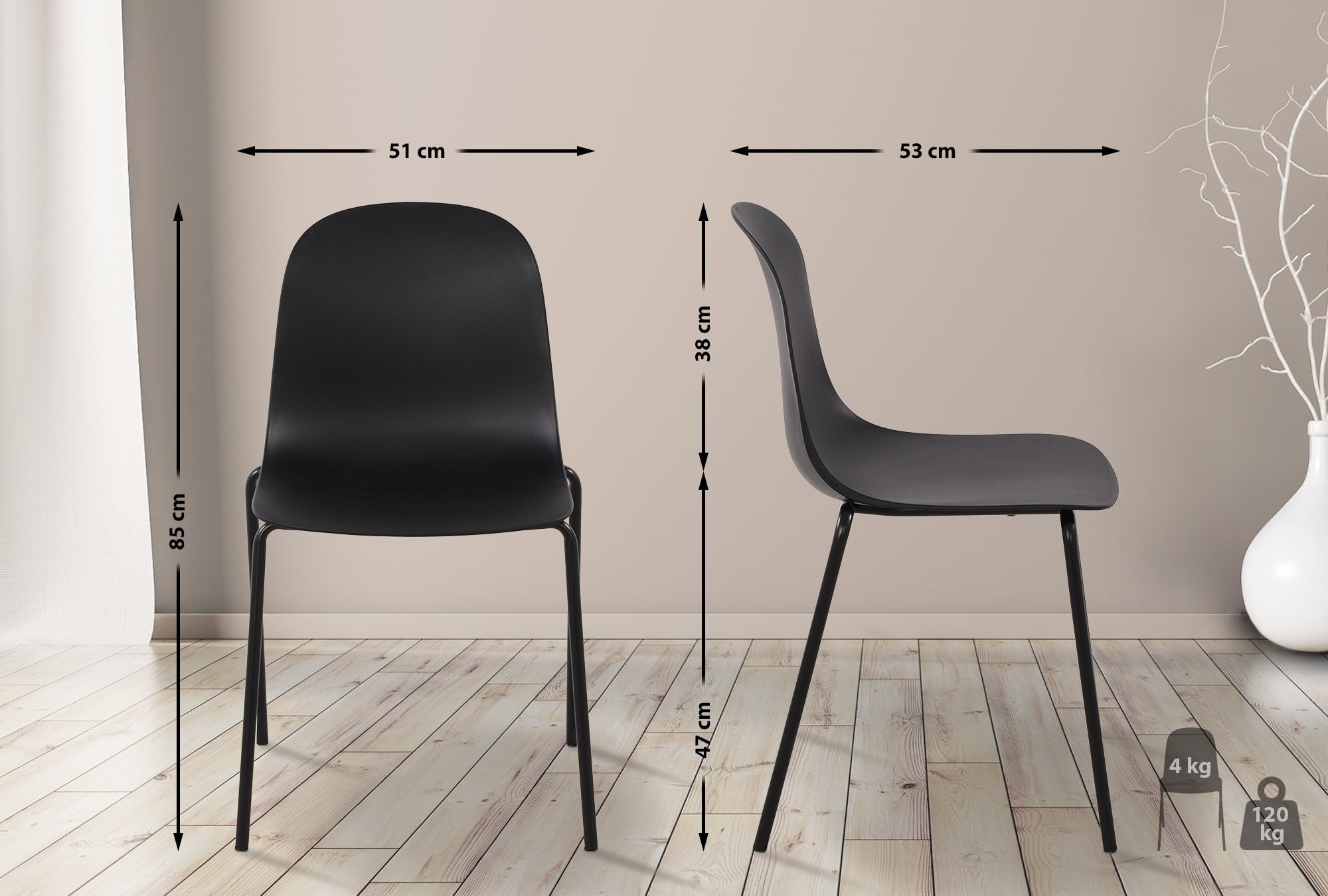 CLP 2er Set Stühle Hardin, stapelbare Gartenstühle, wetterfest und UV-beständig, Outdoor-Stuhl für Balkon, Terrasse und Esszimmer, Farbe:schwarz