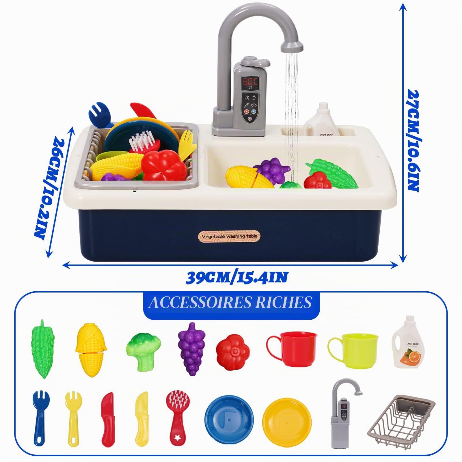 Ensemble évier de Cuisine Jouets avec Robinet Amélioré, Système de Recyclage de l'eau, Lavabo Enfant, Cuisine Exterieur Enfants, Jeu de Rôle pour Garçons Filles de 3 4 5 6 7 Ans(Bleu)