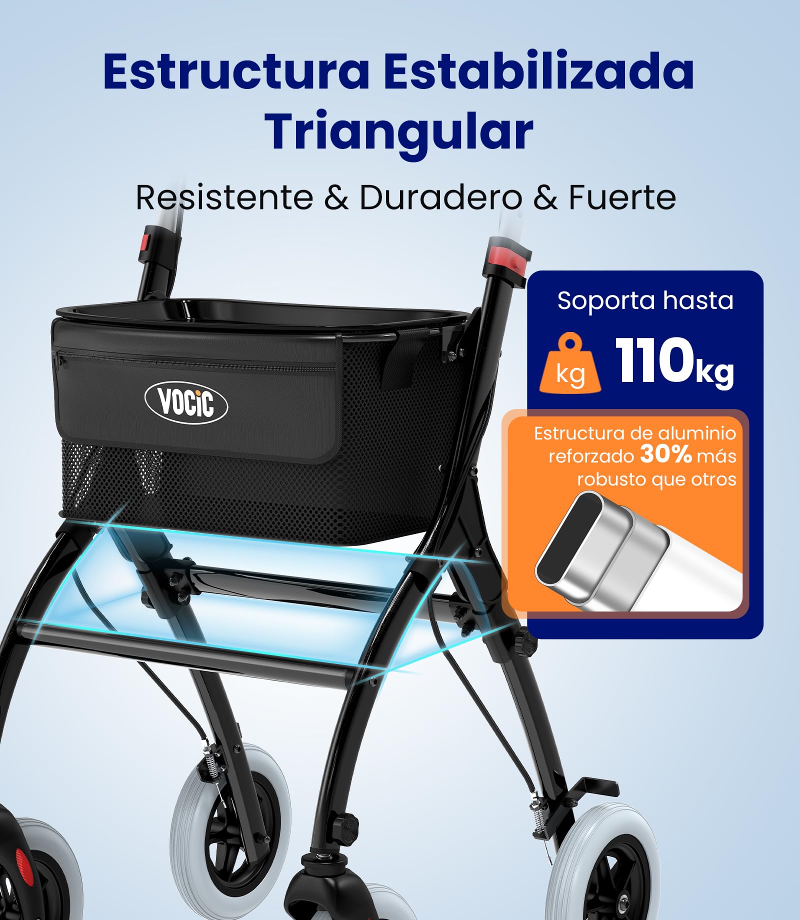 VOCIC Andador estrecho para apartamentos, plegable y ligero, estable con carril, neumáticos antideslizantes silenciosos, para personas mayores, plegables, con bandeja, color negro