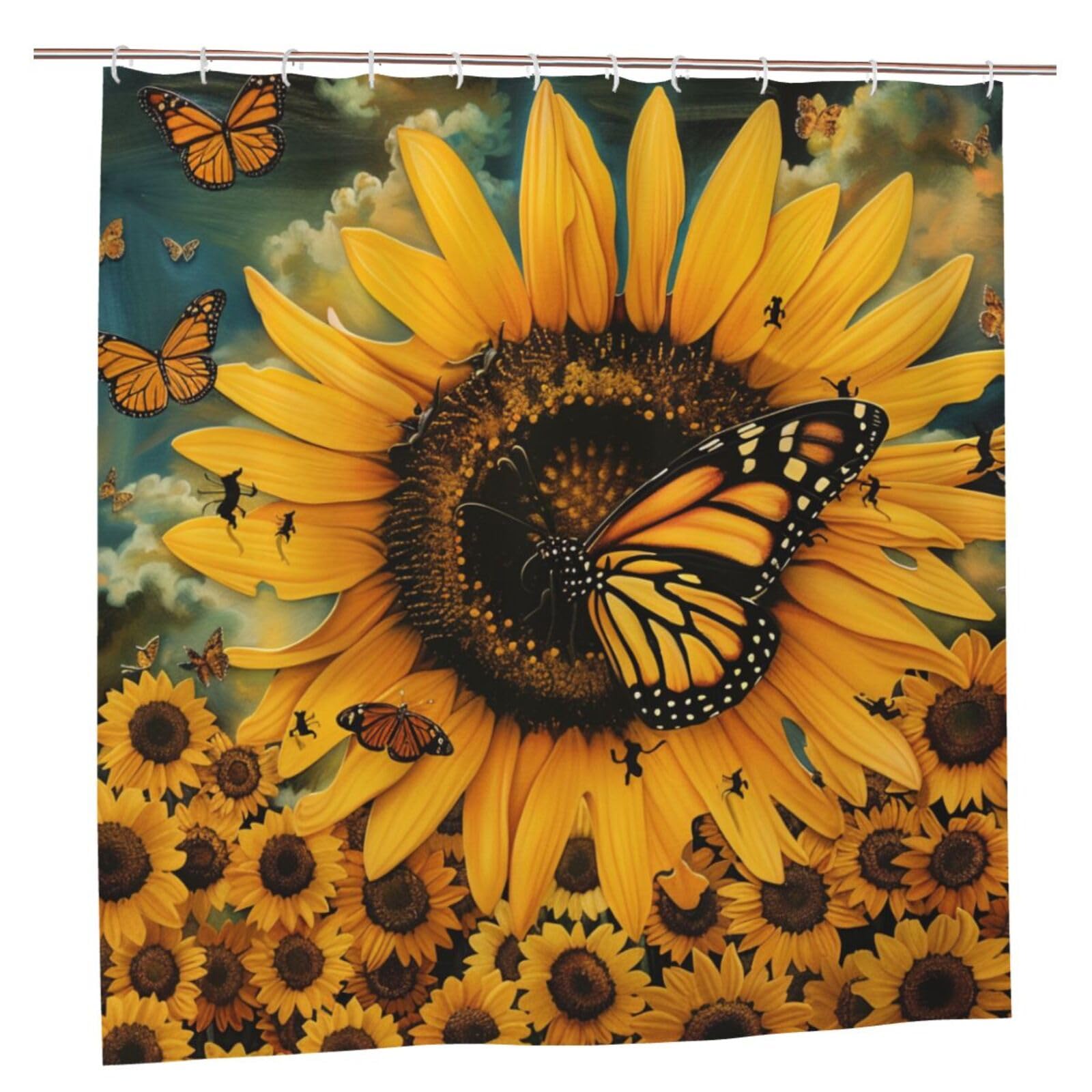 BWWHCCTI butterfly and sunflower Printed Shower Curtain With 12 Plastic Hooks Opaque Quick Drying Waterproof Shower Curtains Sets For Bathroom 183x183 CM