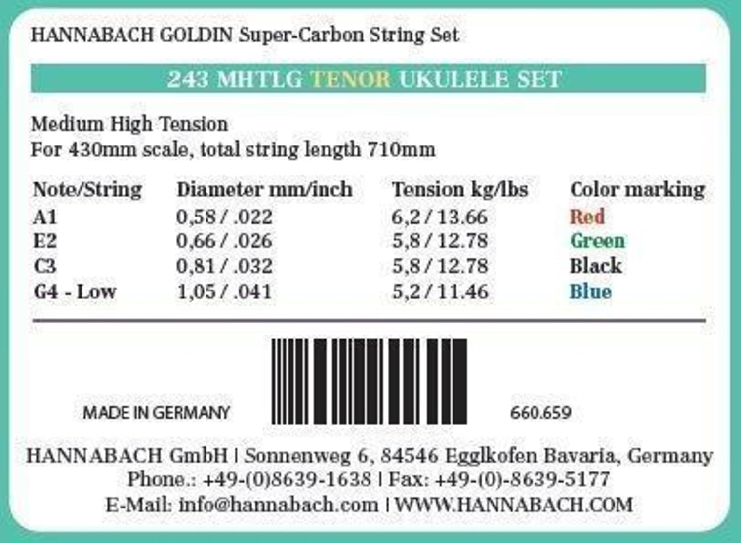 Hannabach 022-.041-243MHTLG Ukulele Strings - Tenor Ukulele Super Carbon Goldin - 4-String Set Low G - Medium High Tension Scale 43 Inches