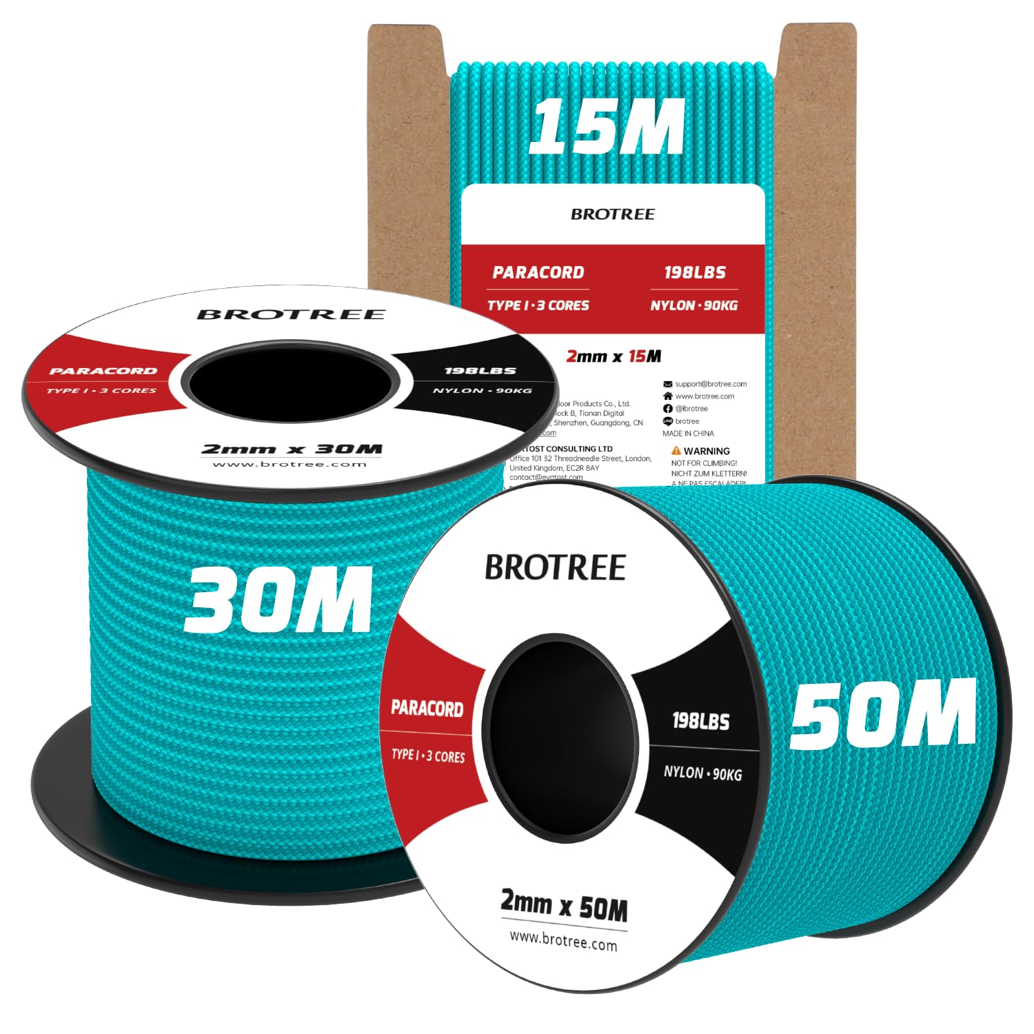 Brotree 2mm Paracord 3 Strands 15M 100% Nylon Rope Parachute Cord for Outdoor, Craft, DIY - 90kg Breaking Load (Turquoise)