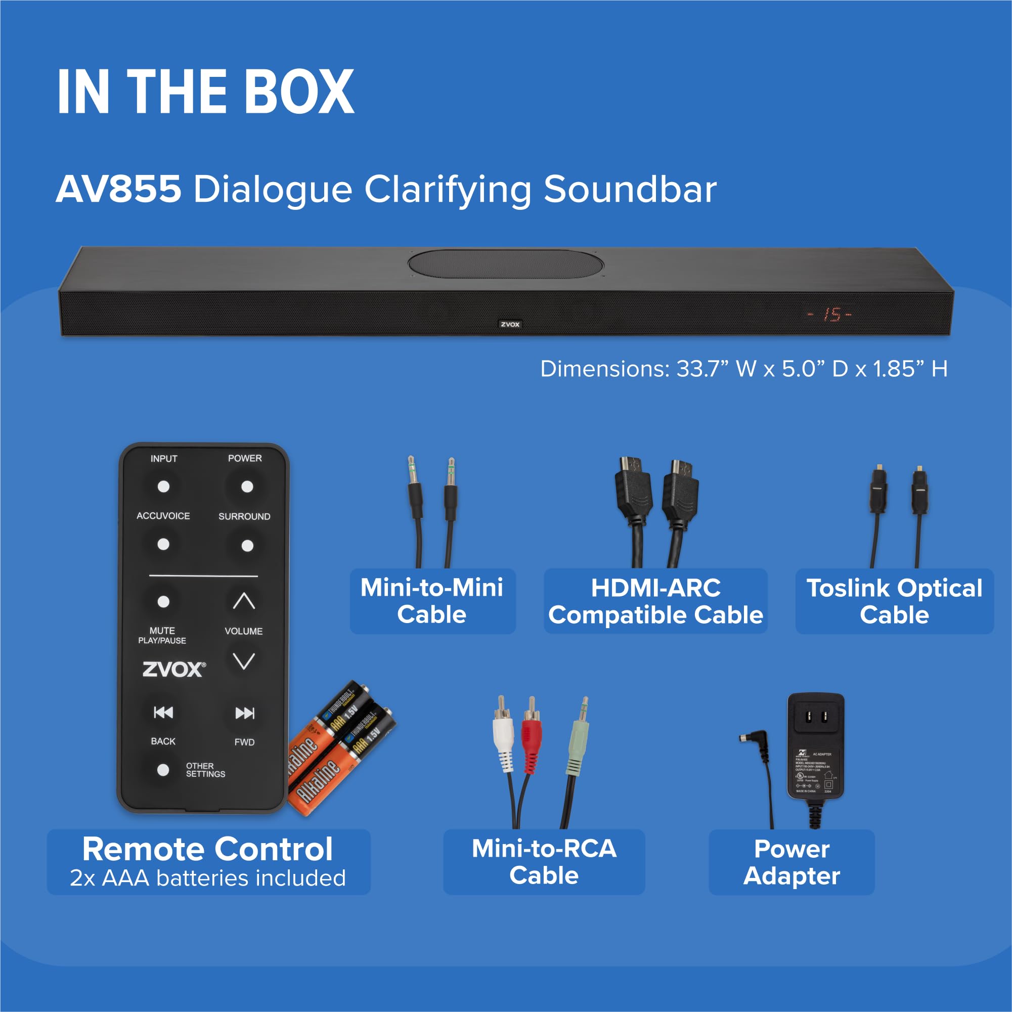 ZVOX AccuVoice AV855 Dialogue Clarifying Soundbar - Tecnologia acustica brevettata con 20 livelli di potenziamento vocale, doppio subwoofer, altoparlante TV a basso profilo per Home Theater e Smart TV