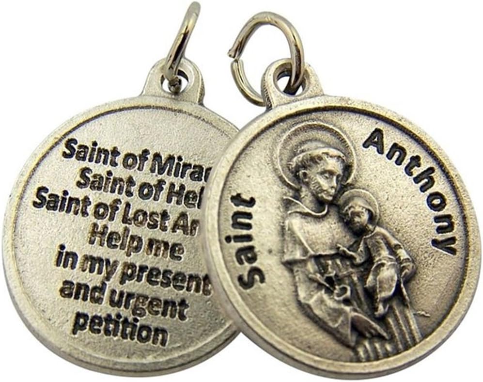 Silver Toned Base Catholic Saint Medal with Prayer Protection Pendant, 3/4 Inch