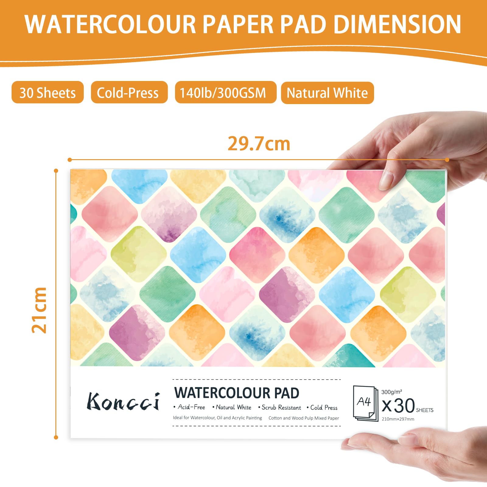 KONCCI Watercolour Paper Pad A4, 30 Sheets Watercolour Sketchbook 300GSM, Cotton Blend, Cold Press & Acid-Free, Natural White - Image 2