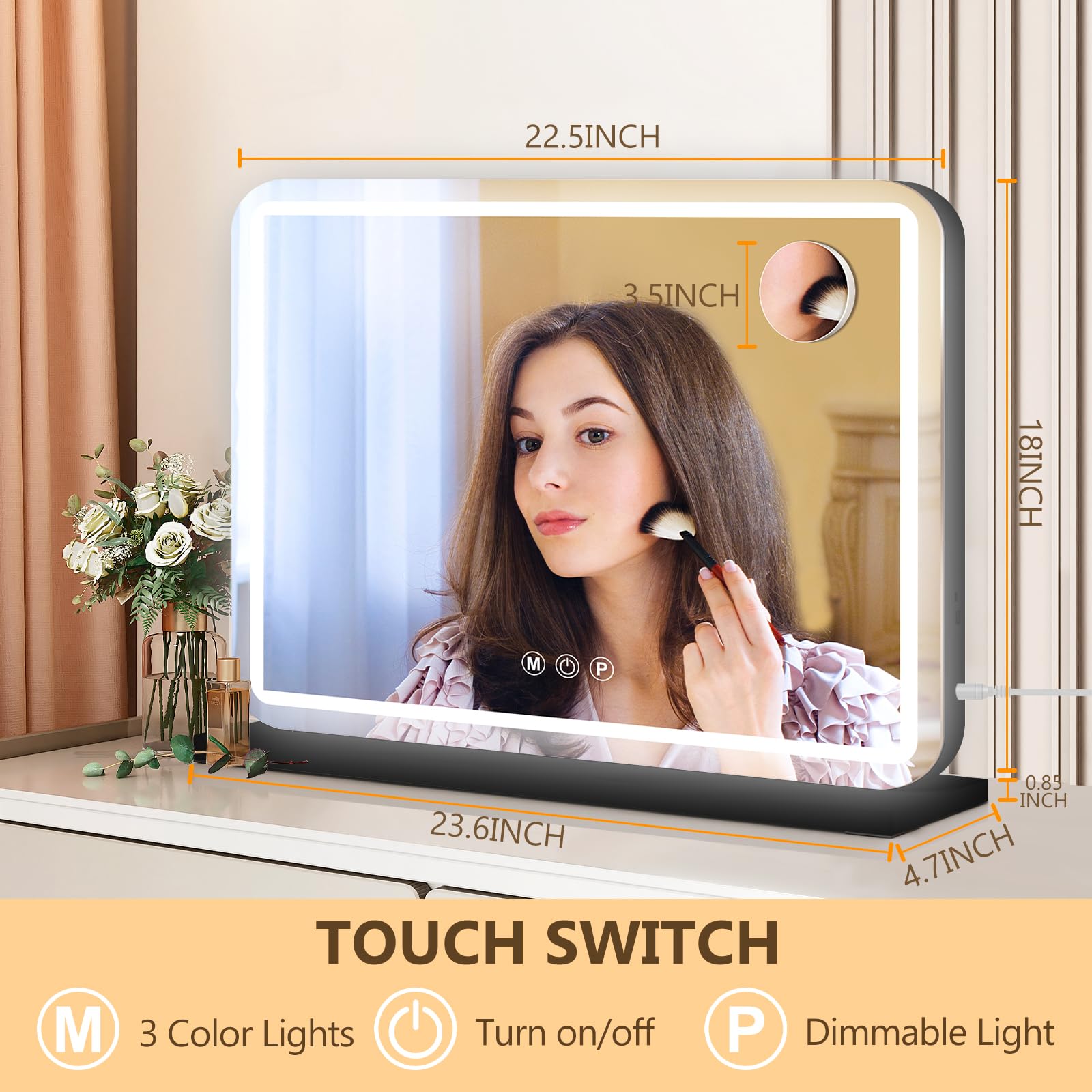 Ratsamee LED Vanity Mirror with Lights, Dimmable 3-Color, Touch Control