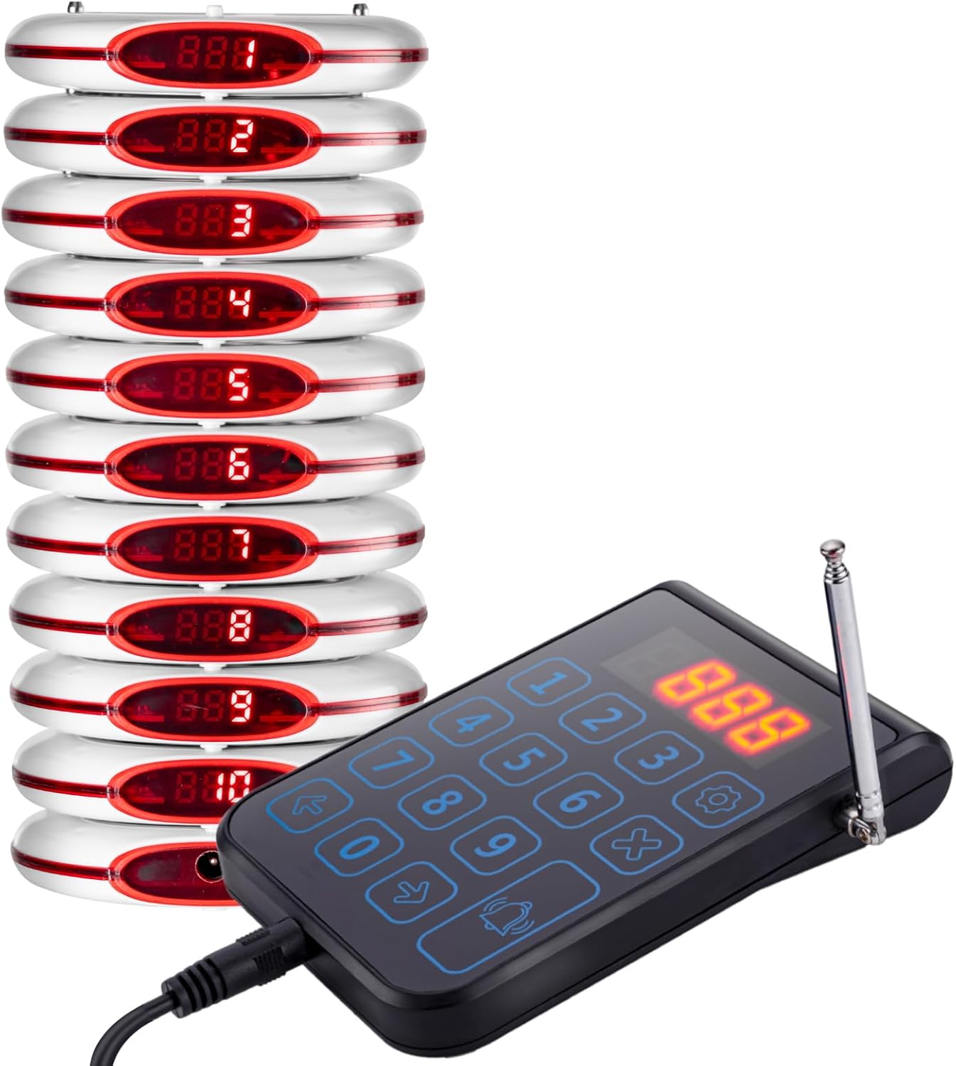 Restaurant Pager System 10 Coaster Pagers Beeper Buzzer System Guest Customer Queue Pagers for Food Truck Church Nursery Clinic Coffee Shop with Buzzer Vibration Flash