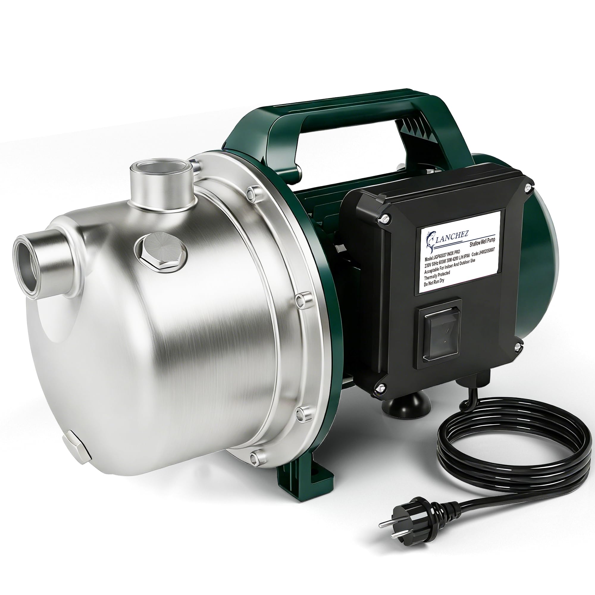 LANCHEZ Gartenpumpe 4200 l/h Fördermenge, Leistung 600 W, 38m Förderhöhe, Ansaughöhe bis zu 7 m, Wasserpumpe für Regenfässer, Zisternen, Gartenteiche
