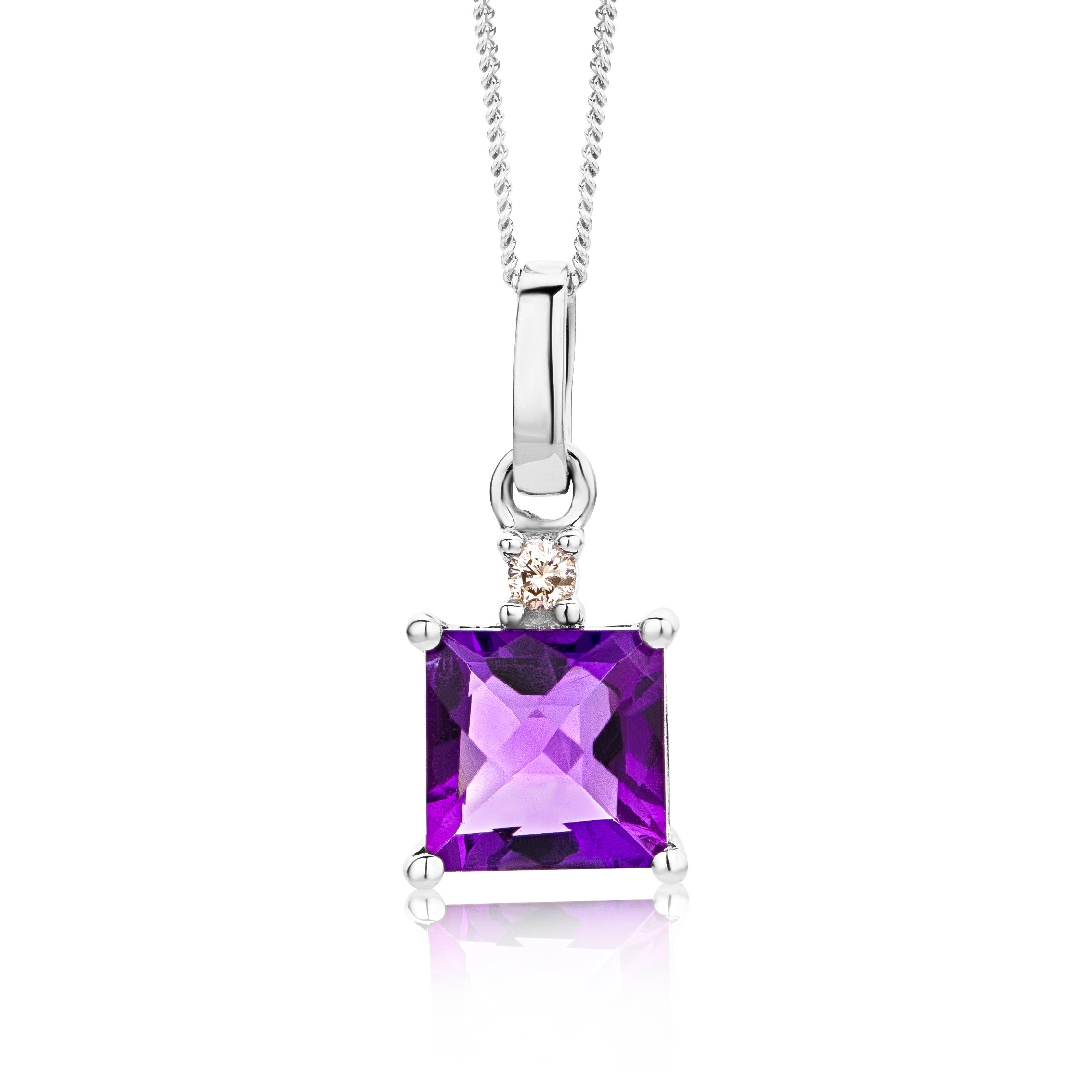 MIOREDiamond and Amethyst Square Cushion Cut 9 ct White Gold Pendant on 45 cm Necklace