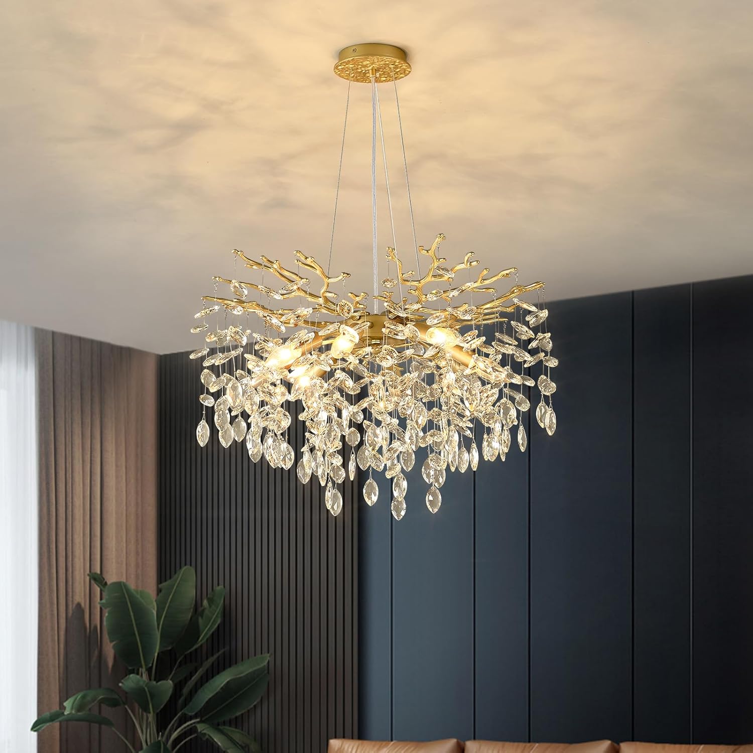 EGM Gold Crystal Chandelier, 24-Inch Modern Raindrop Light Fixtures 8-Light, Hanging Round Gold Dining Room Crystal Chandelier, Tree Branch Chandeliers for Bedroom Foyer E12