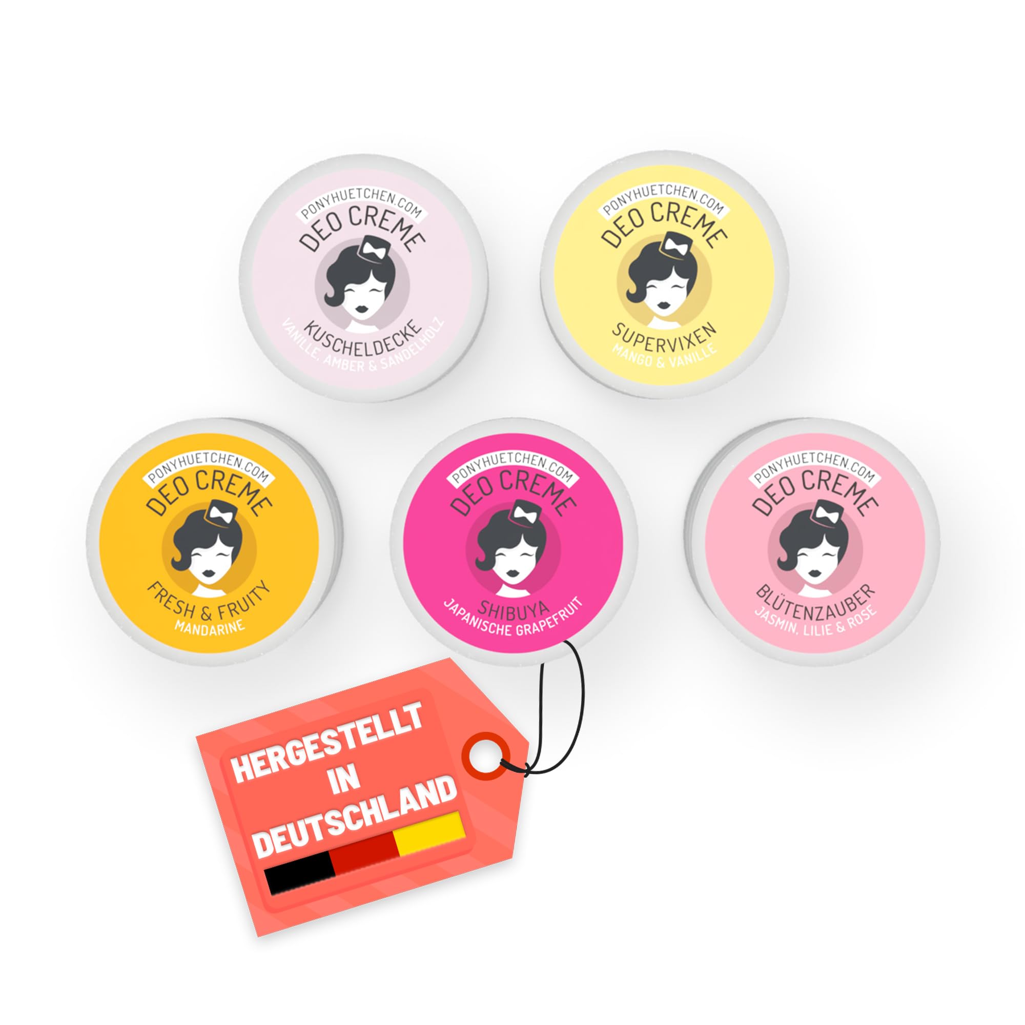 PonyHütchen - Deocreme Set 5 x 5 ml Fruchtig & Süß - Feste Deo Creme vegan, ohne Aluminiumsalze & Tierversuche - Unisex Antitranspirant Naturkosmetik handgemacht mit Bio-Zutaten - Ideal für Handgepäck