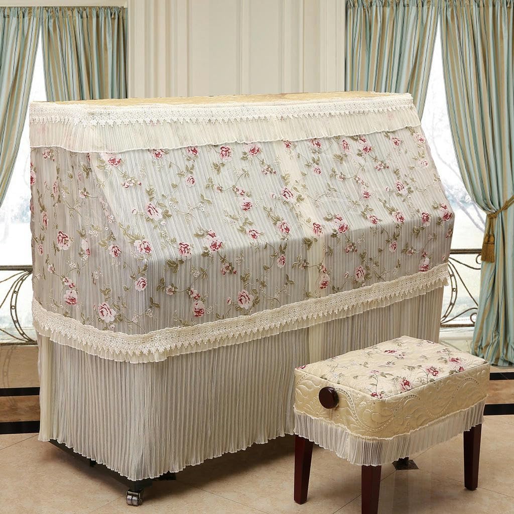 Klavier-Schutztuch, 150 x 105 x 40 cm, beige, ländliche bestickte Spitze, Rüschen, Staubschutz for aufrechte Klaviere mit Hocker-Abdeckung, vollständige Abdeckung for aufrechte Klaviere (Farbe: Konkub