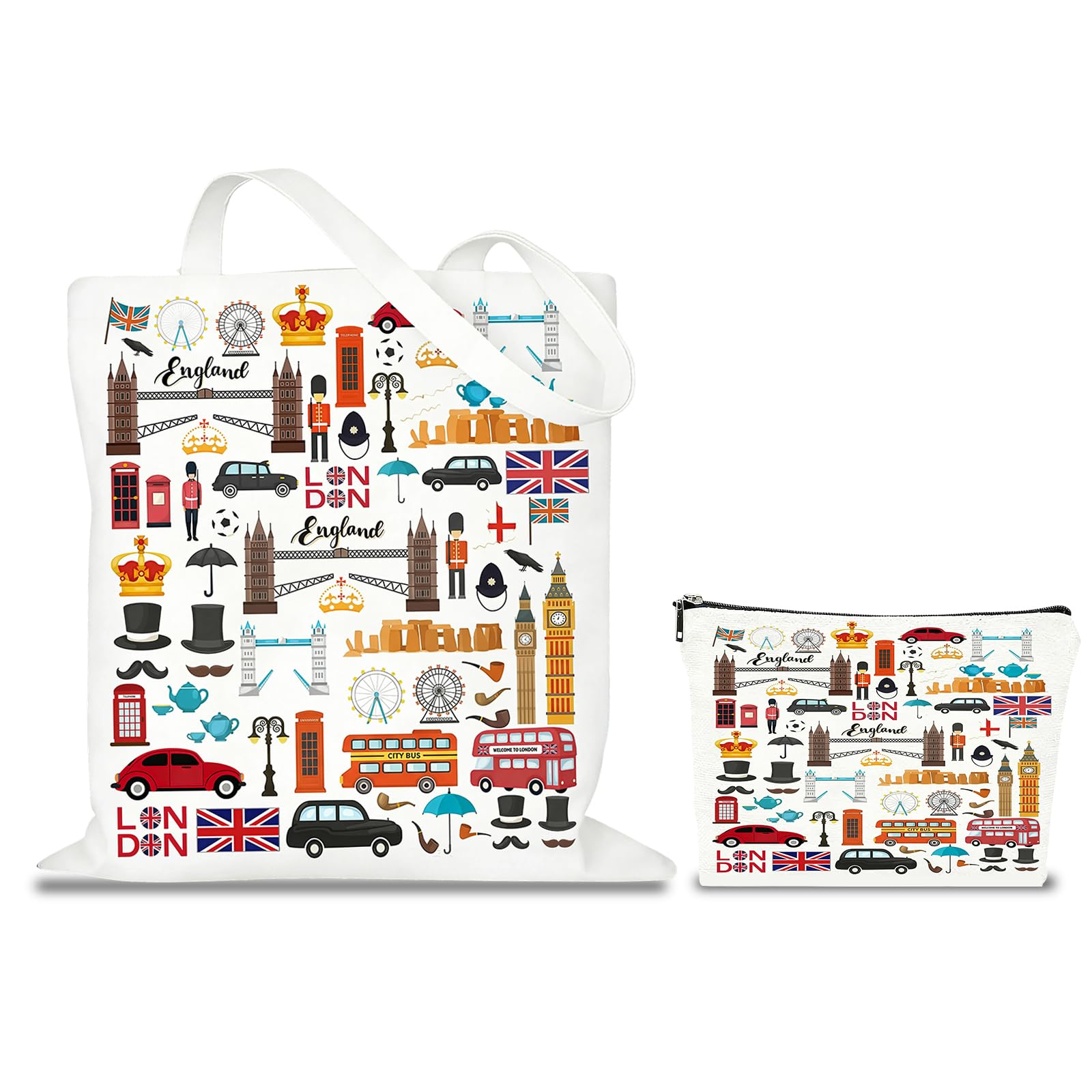 London Souvenirs Gifts Tote Bag and Cosmetic Bag Set, Canvas Double-Sided Printed London Tote Bag, Reusable Shopping Bag, London Souvenirs Gifts and British Gifts for Travel Daily Use