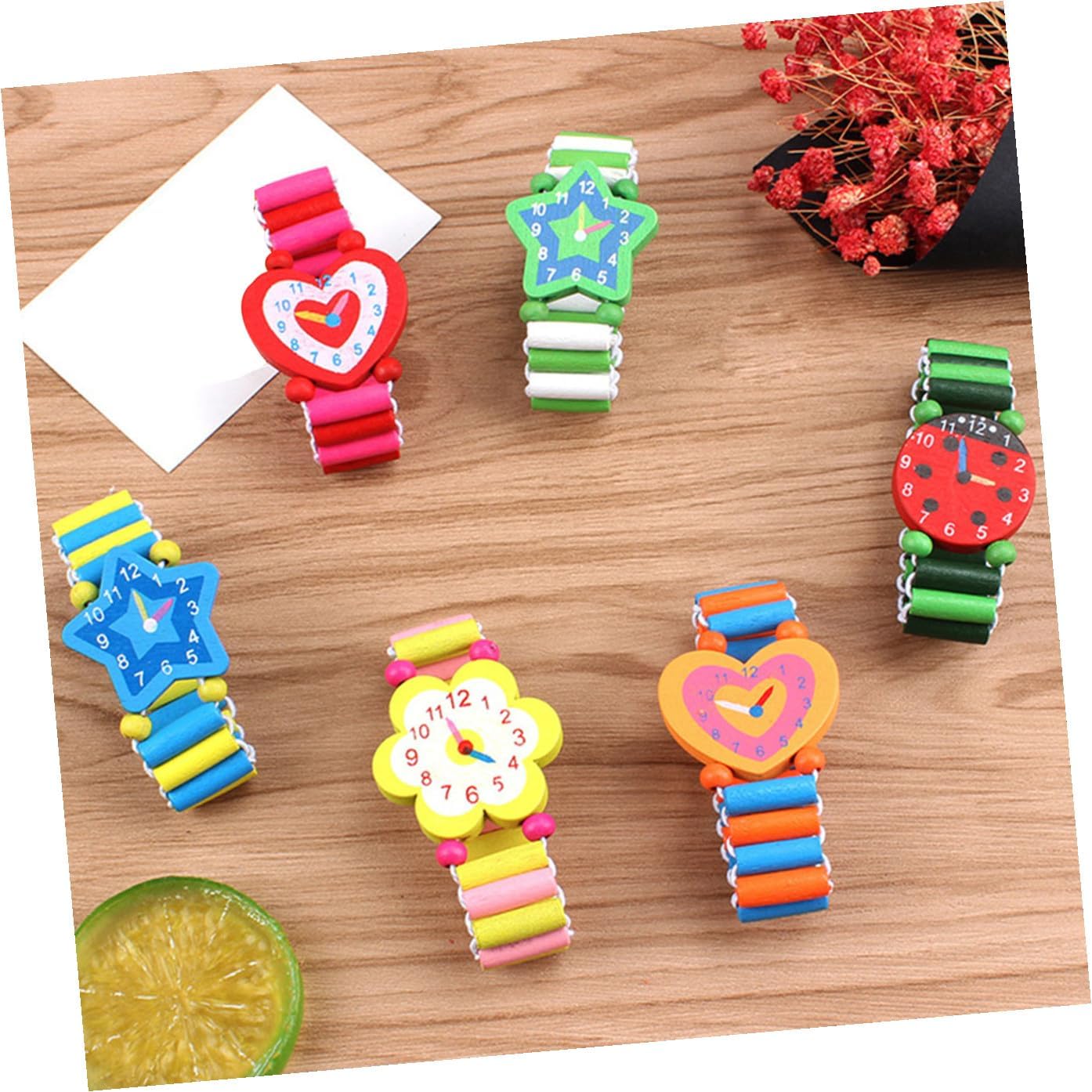 minkissy 5 Pcs Wooden Watch Cartoon Wristwatch for Early Learning Smooth Surface Educational Teaching Plaything for Boys Random Color