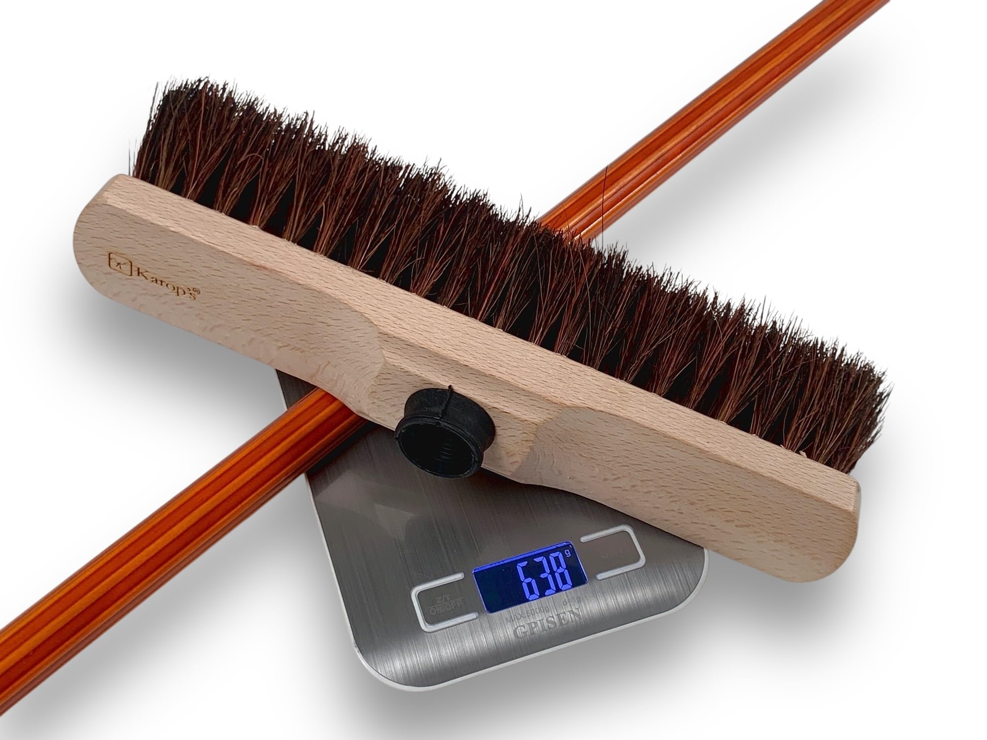 KAROP'S Balai de Cour Traditionnel 70 mm Bois Vernis Fibre mélange bassine Arenga Manche Bois Vernis Teinte Cannelle 30 cm