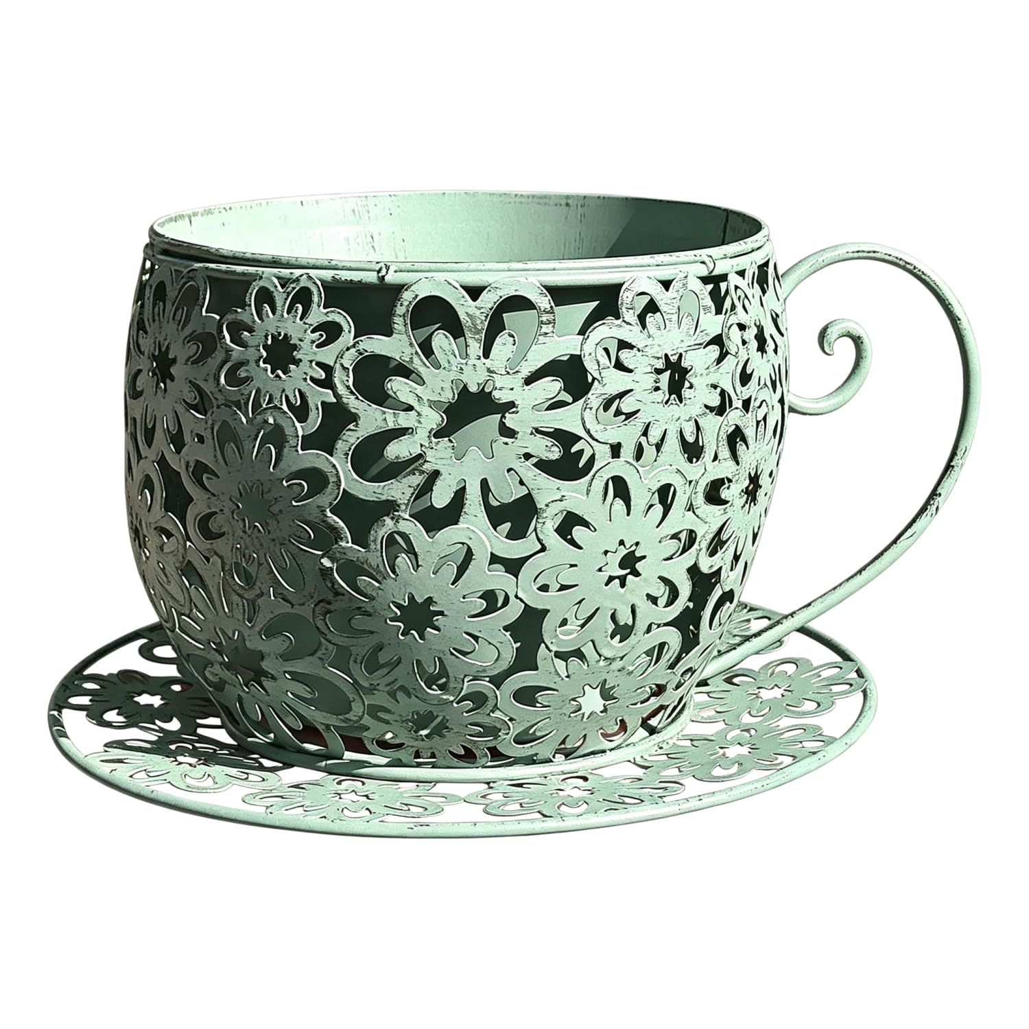 Easnea Rustic Iron Tea Cup Planters Coffee Cup Planter Teacup Flower Pot Garden Planter Vintage Succulent Plant Holder with Saucer, Funny Gardening Planter for Indoor Outdoor Use, Green