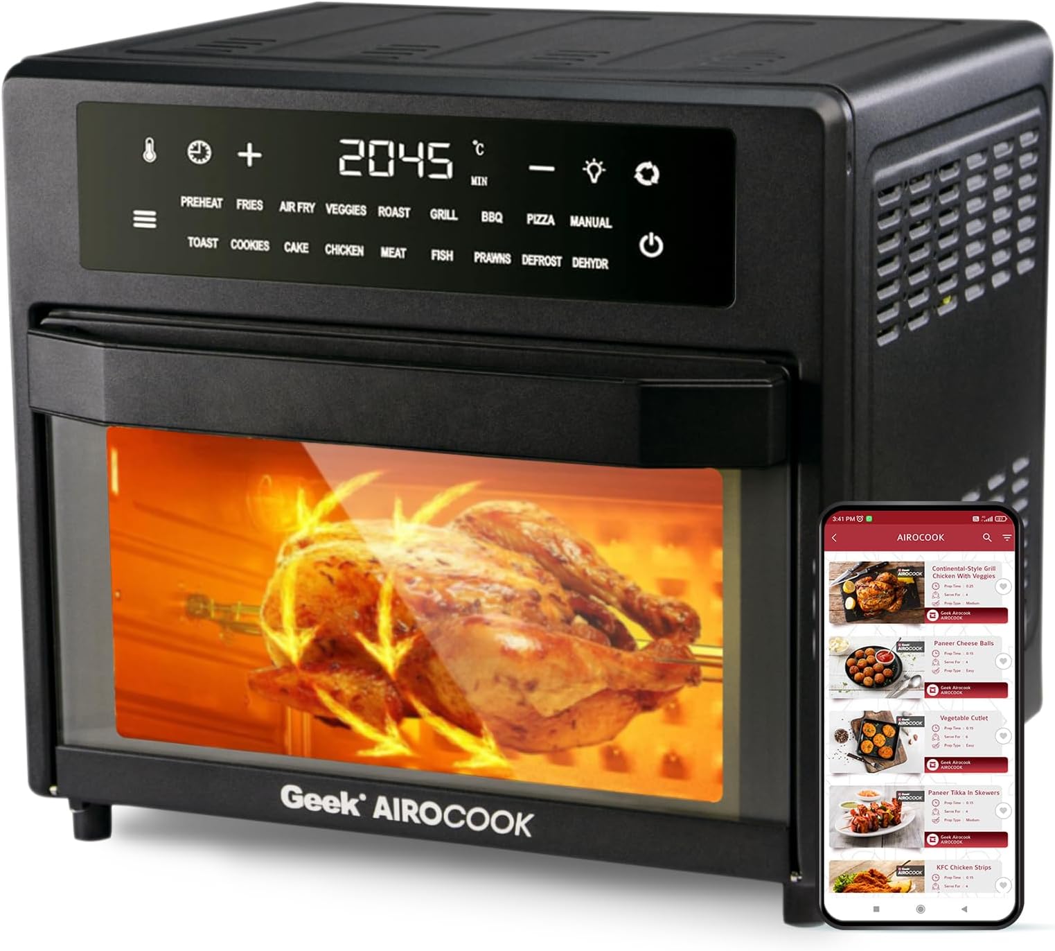 Geek AiroCook Zenix 25 Litre Electric Air Fryer Oven, 18 Digital Preset Menus with Rotisserie, Airfry, Bake, Grill, Toast, Dehydrate, Defrost & Keep Warm Functions with 8 Accessories (1700W), Black