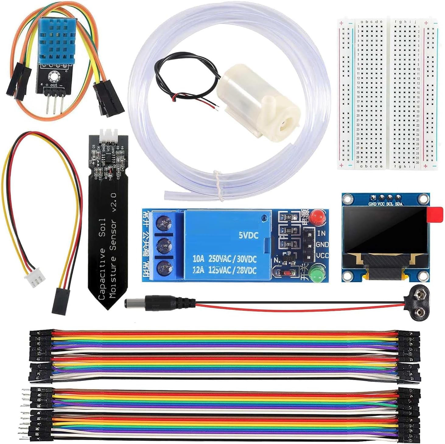 10PCS Automatic Irrigation DIY Kit Self Watering System Capacitive Soil Moisture Sensor DHT11 Sensor 0.96" I2C OLED Display 1 Channel 5V Relay Module Water Pump for Arduino