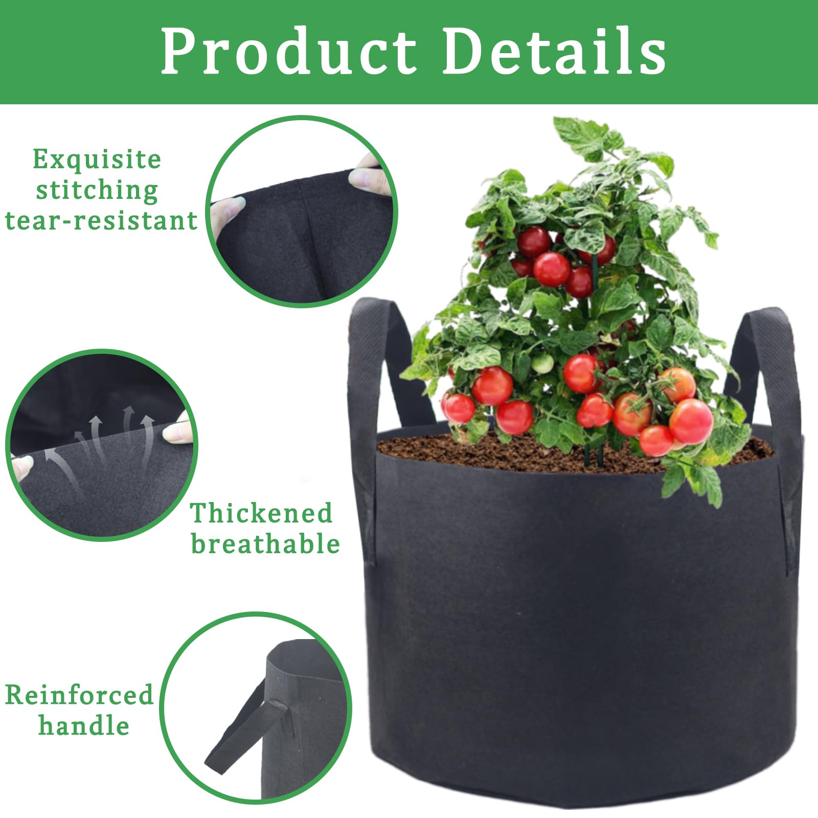 Lot de 6 sacs de culture de légumes, sacs de culture de plantes de 50 litres, en tissu épais respirant non tissé avec poignées pour intérieur et extérieur pour légumes, fleurs, tomates, fraises