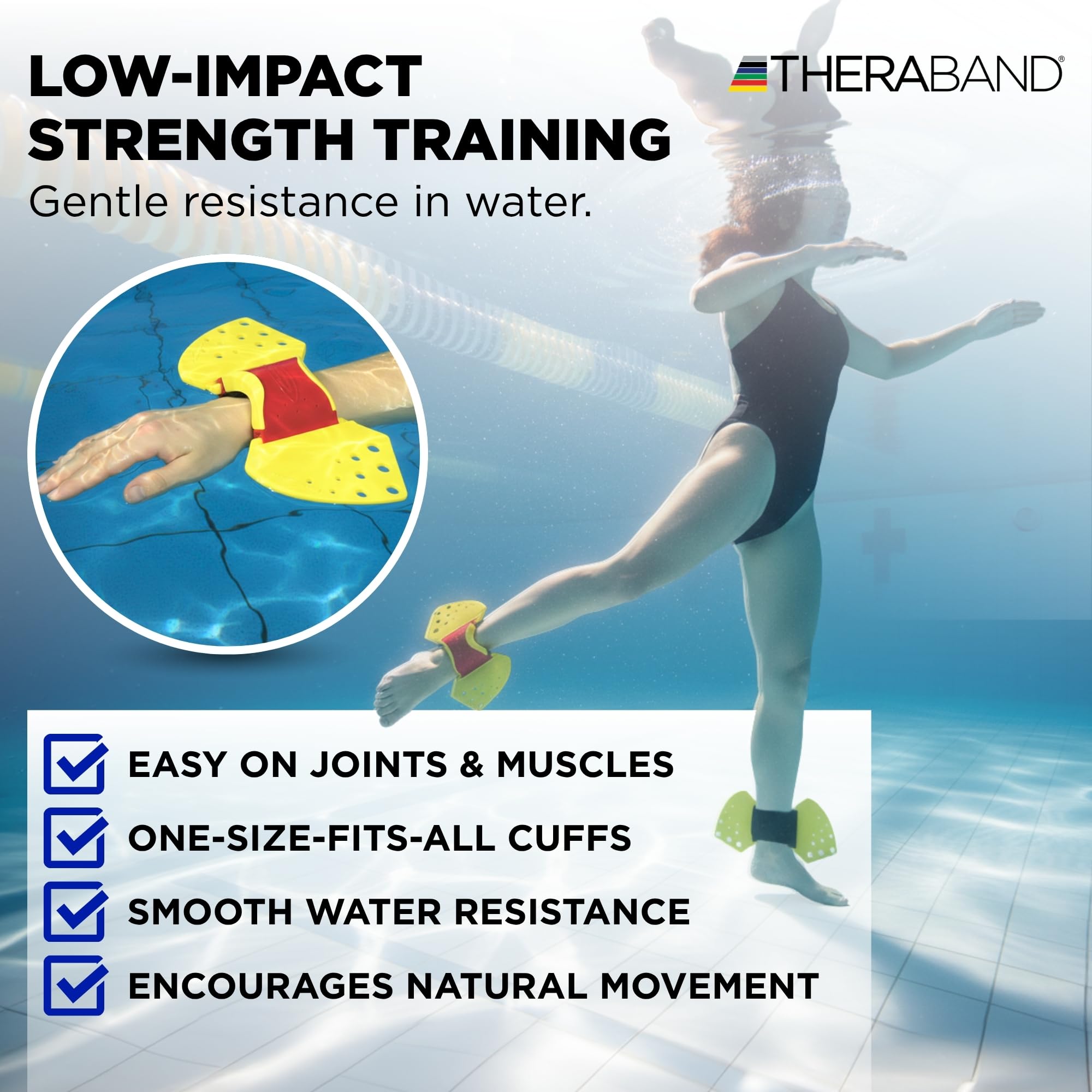 TheraBand Aquafins - Kit di esercizi acquatici per allenamento di resistenza all'acqua per parte superiore e inferiore del corpo, fisioterapia in piscina, attrezzatura per aerobica in acqua, 2 pinne,