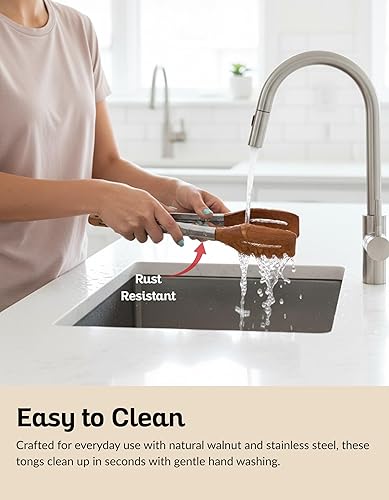 Miniatura 6 de Pinzas de cocina 3 en 1 y servidor de pasta, pinzas multifunción de nogal de 12 pulgadas con puntas planas y horquillas ranuradas para pasta,