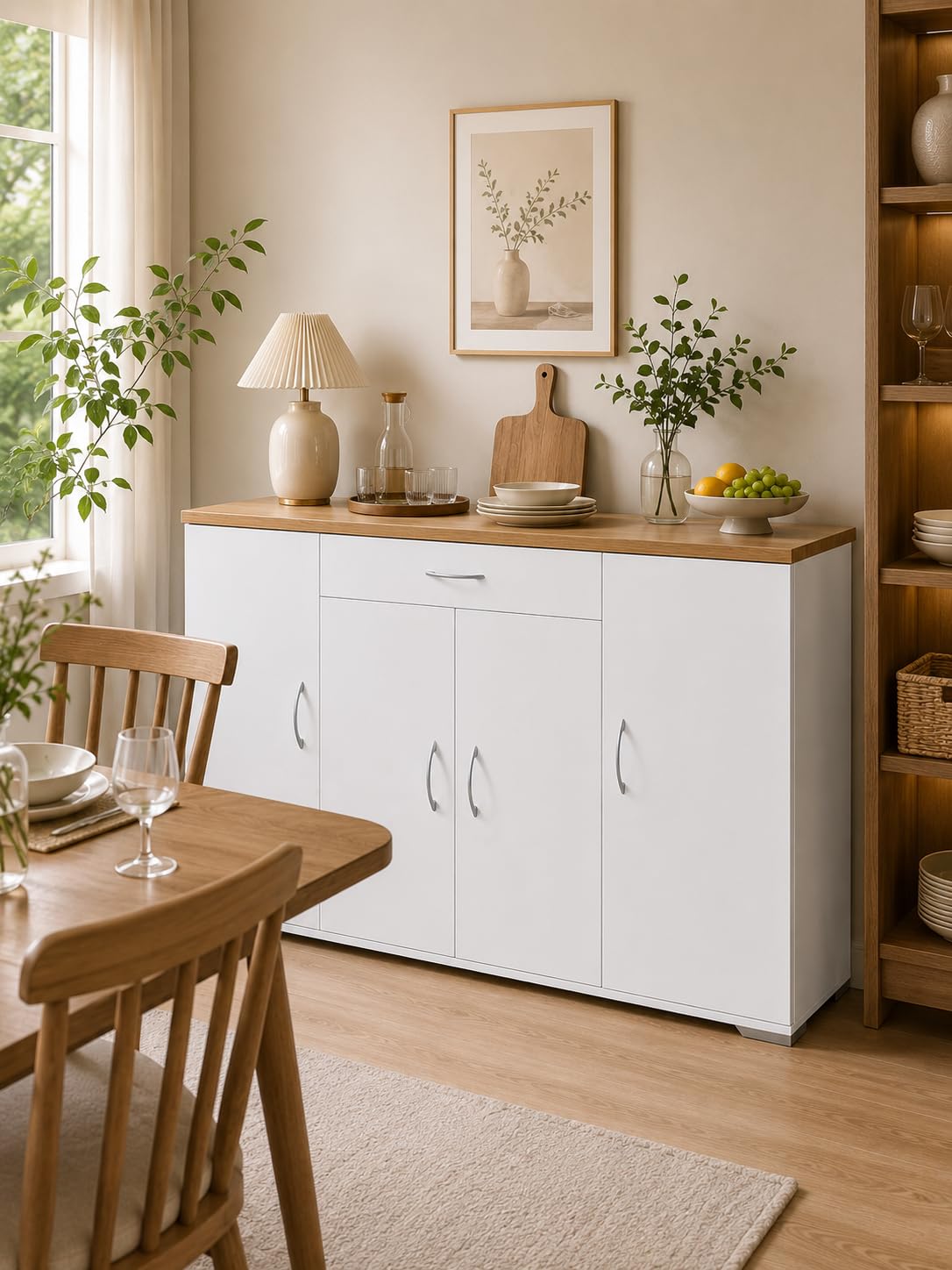 Hitsuki Credenza Sala da Pranzo Bianca con 4 Ante e 1 Cassetto 110×30×70cm | Credenza con 4 ante e 1 cassetto, spazio pratico per organizzare stoviglie, posate e accessori nella sala da pranzo