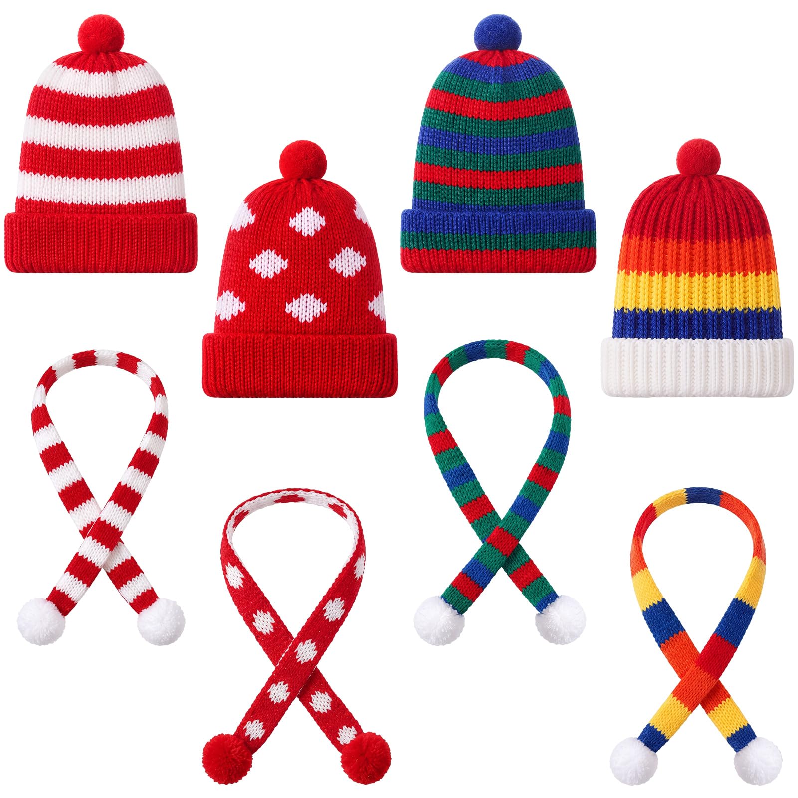 Geyoga 8 Pcs Mini Santa Hats and Scarves Decor Doll Christmas Accessories Small Gnome Hat for Craft DIY for Wine Bottle Gifts (Cute Colors,Mixed Styles)