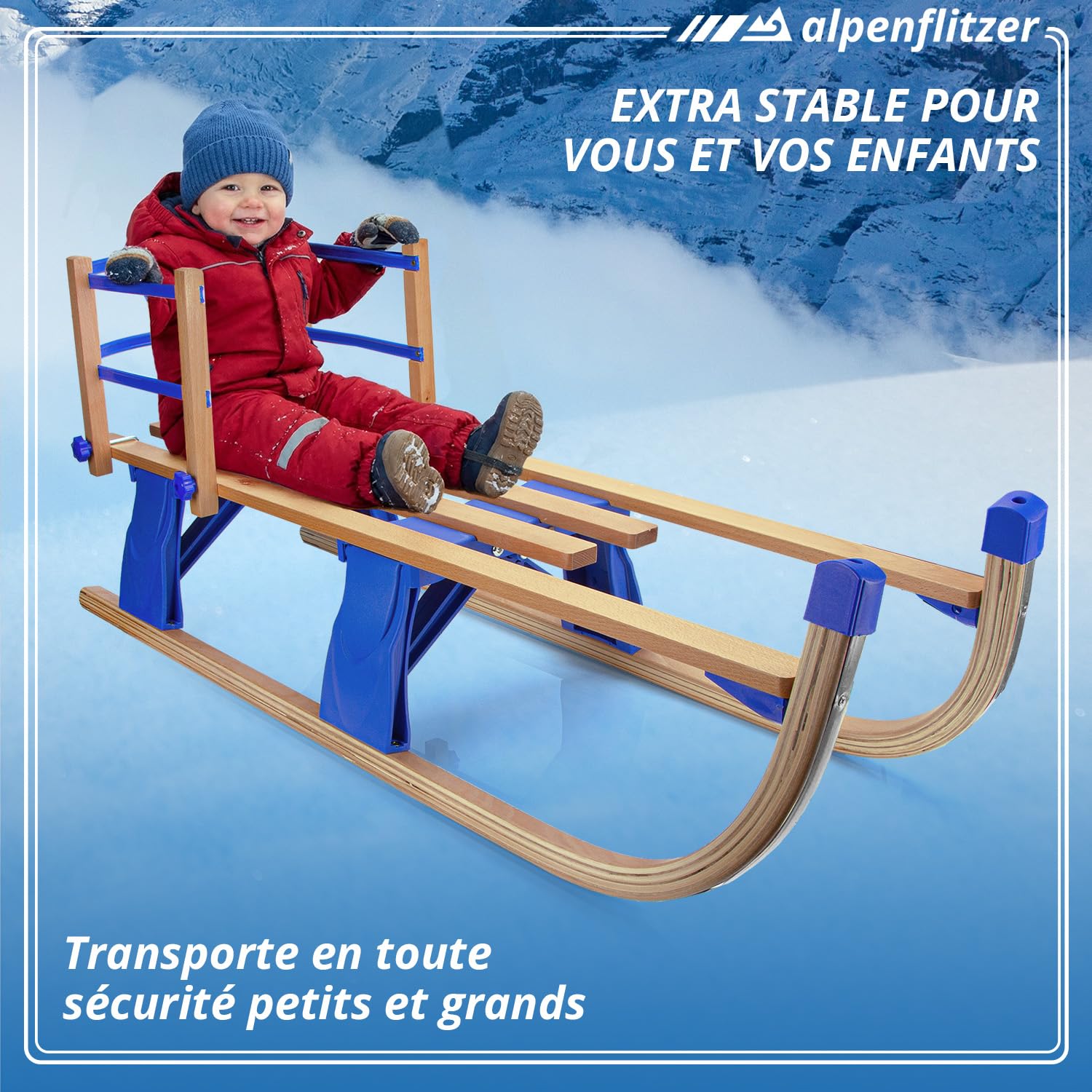Luge en Bois avec Dossier Luge Davos 110 cm Luge Pliable pour Enfants ; Luge Pliante en Bois de hêtre Haut de Gamme