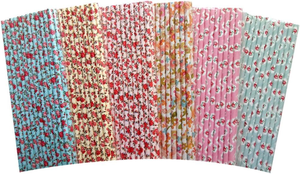 Fzopo Paper Straws Bulk Assorted Colors Pretty Flowers Party Straws for a Tea Party,Bridal Shower and Wedding Event,Biodegradable Premium Quality Party Straws 7.75 Inches Pack of 150