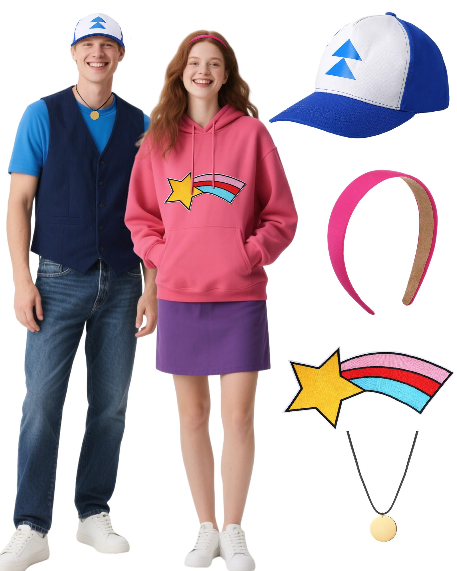 Yahenda 4 Pcs Halloween Adventure Cartoon Couple Costume Accessories Including Rainbow Star Patch Sparkly Pink Satin Headband Teal Pine Tree Hat and Metal Disc Necklace for Halloween Dress up Favor