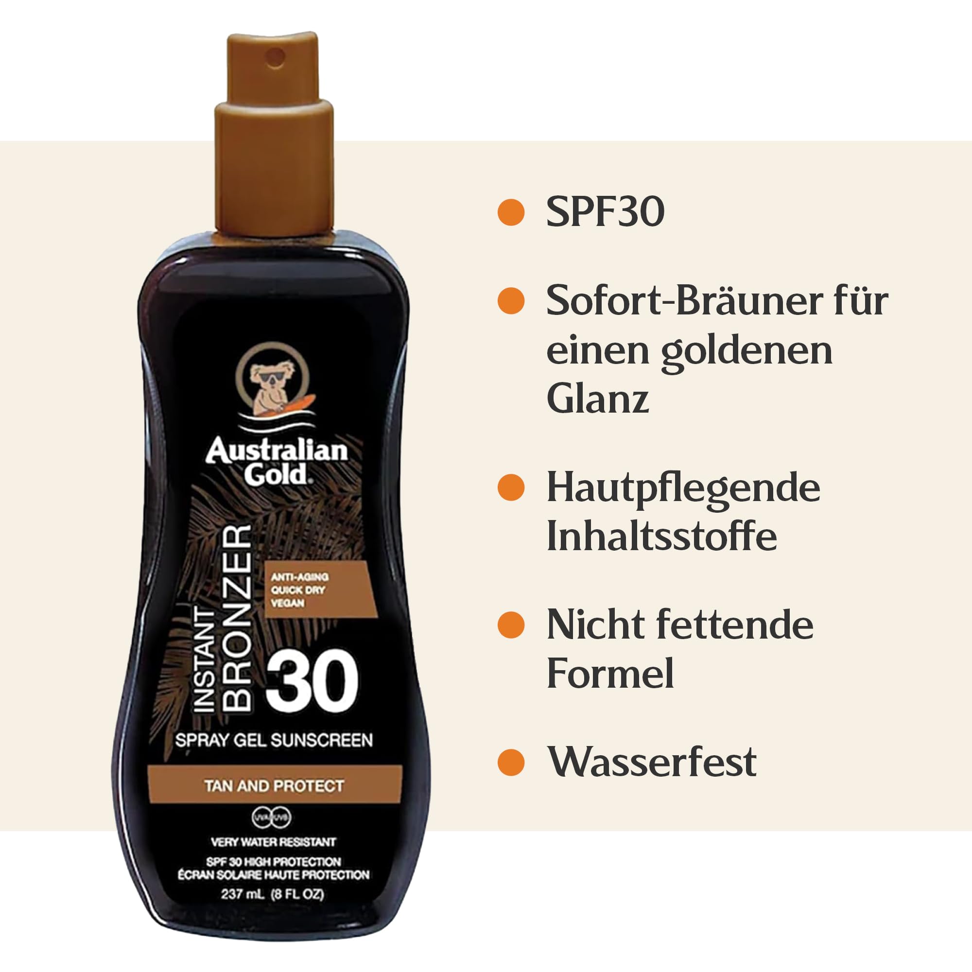 Australian Gold spf 30 spray gel con bronzer