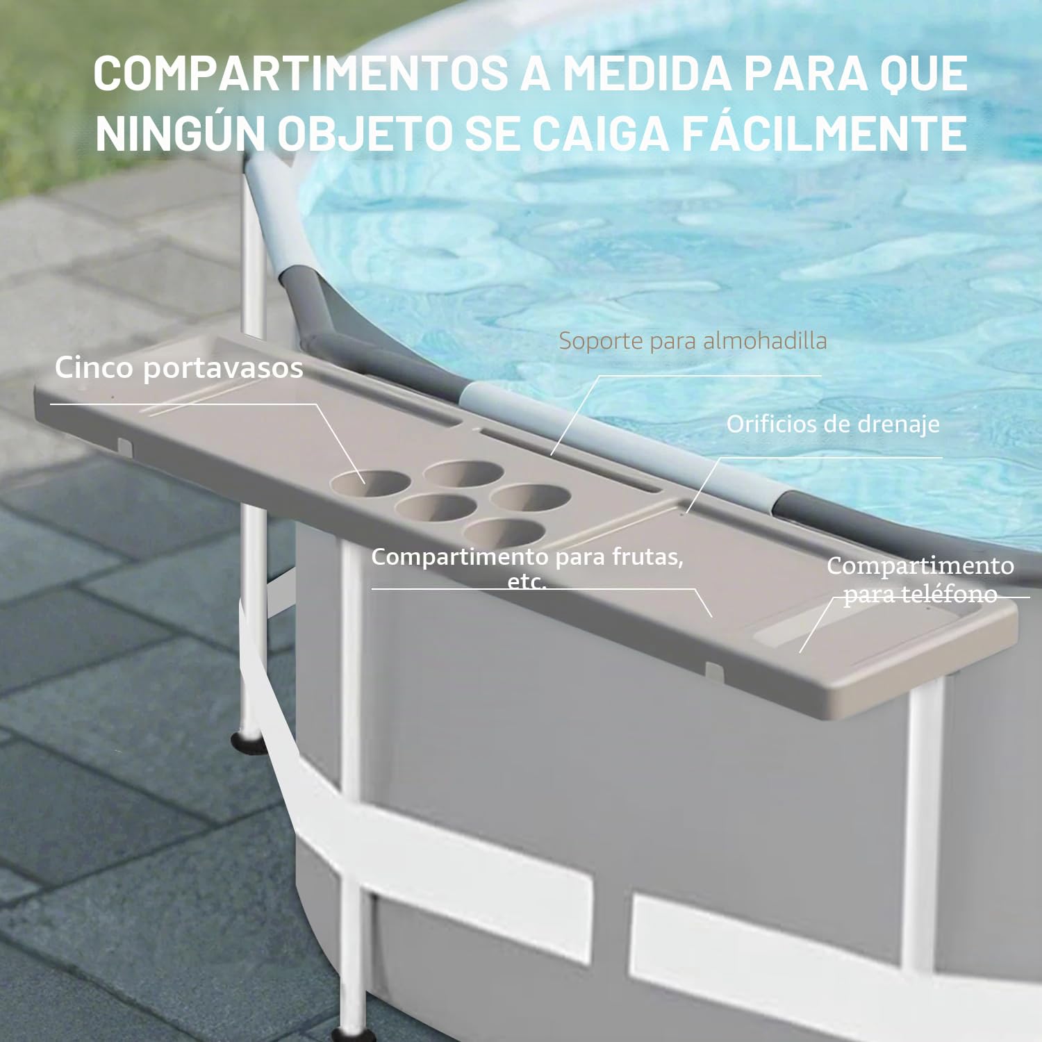 ECO POOLTECH Mesa de Bar de Piscina, Bandeja de Piscina 2 en 1 con 5 Portavasos, Plegable para Piscina Fuera del Suelo, Accesorios de Piscina indispensables