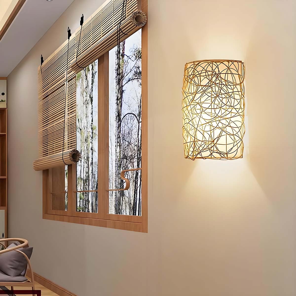 AoLa Boho Wandleuchte Vintage, Innen Rattan Wandlampe Handgewebter E27 Dekoration Wandbeleuchtung aus Naturmaterial Up Down Beleuchtung Retro Lampe mit Weißer Schirm für Wohnzimmer Heim,A