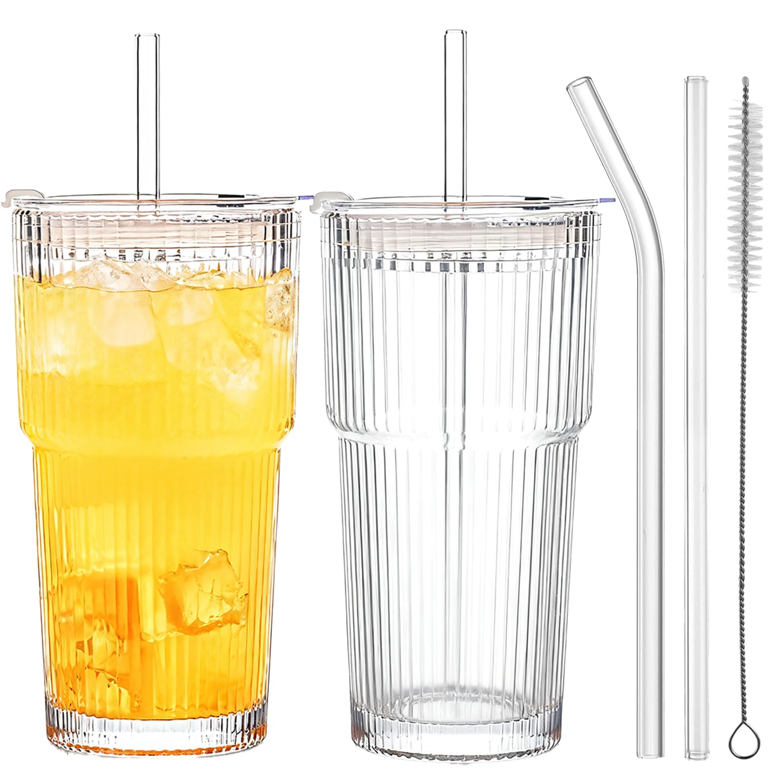 JDHUIOO 20oz Glass Iced Coffee Cup with Leakproof Lid & Reusable Straw - 600ml Large Capacity Tumbler for Cold Brew, Smoothie, Milkshake, Bubble Tea - Dishwasher Safe, BPA Free, Portable Travel Mug