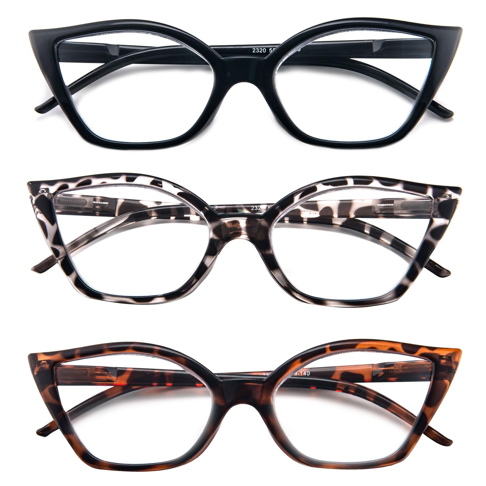 KoKoBin 3 Pack Cat Eye Reading Glasses for Women Blue Light Blocking Eyeglasses Retro Comfortable Readers With Spring Hinges