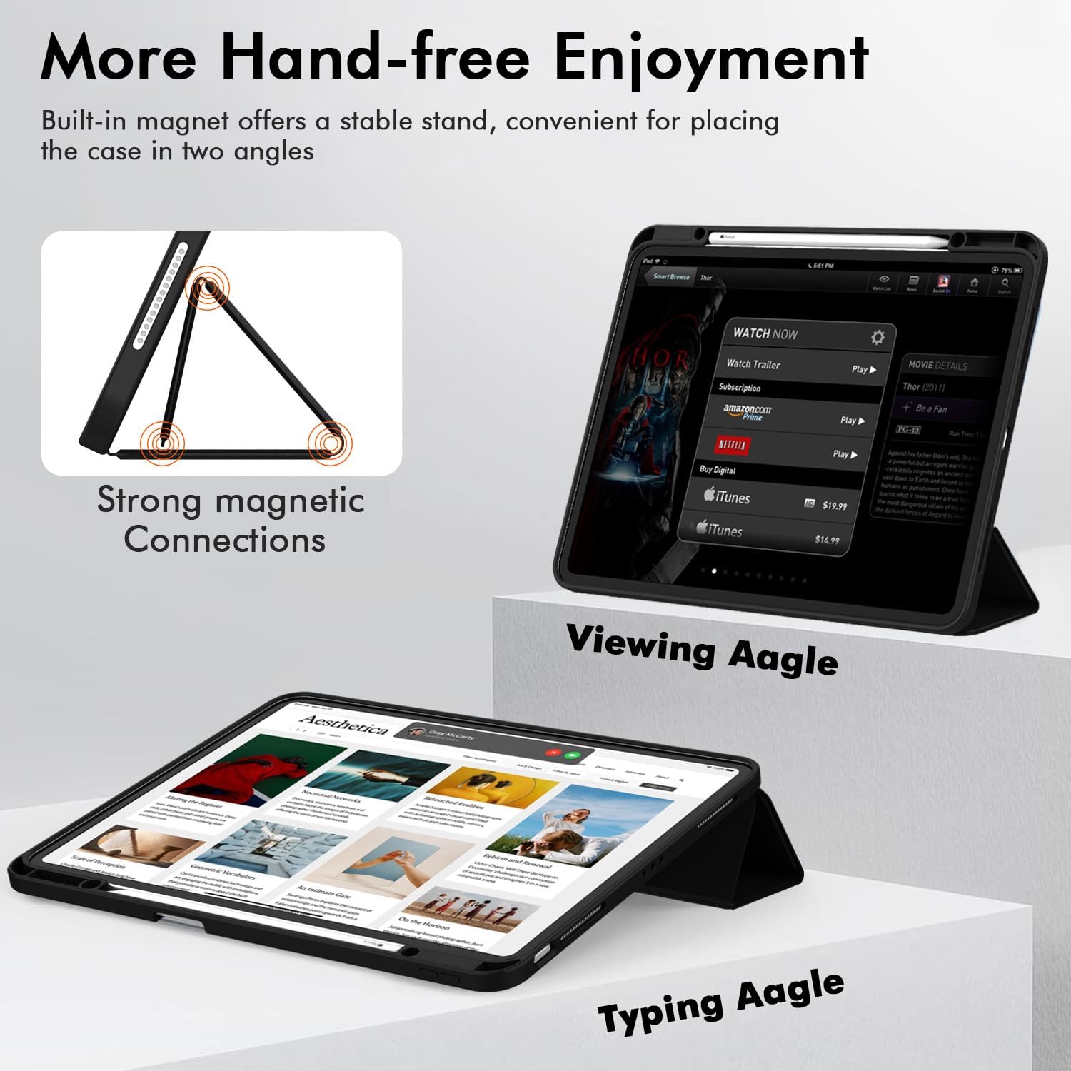 ZryXal New iPad Air 13 Inch Case M3 2025/M2 2024 with Pencil Holder, Trifold Stand Smart Case with Soft TPU Back,Auto Wake/Sleep (Black) - Image 3