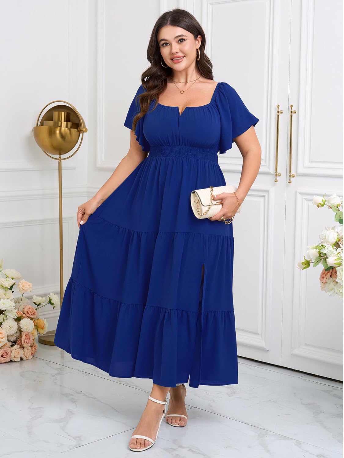 SCOMCHIC Womens Plus Size Maxi Dress Formal Short Sleeve Square Neck Smocked Side Split Flowy A Line Tiered Long Dress - Image 7